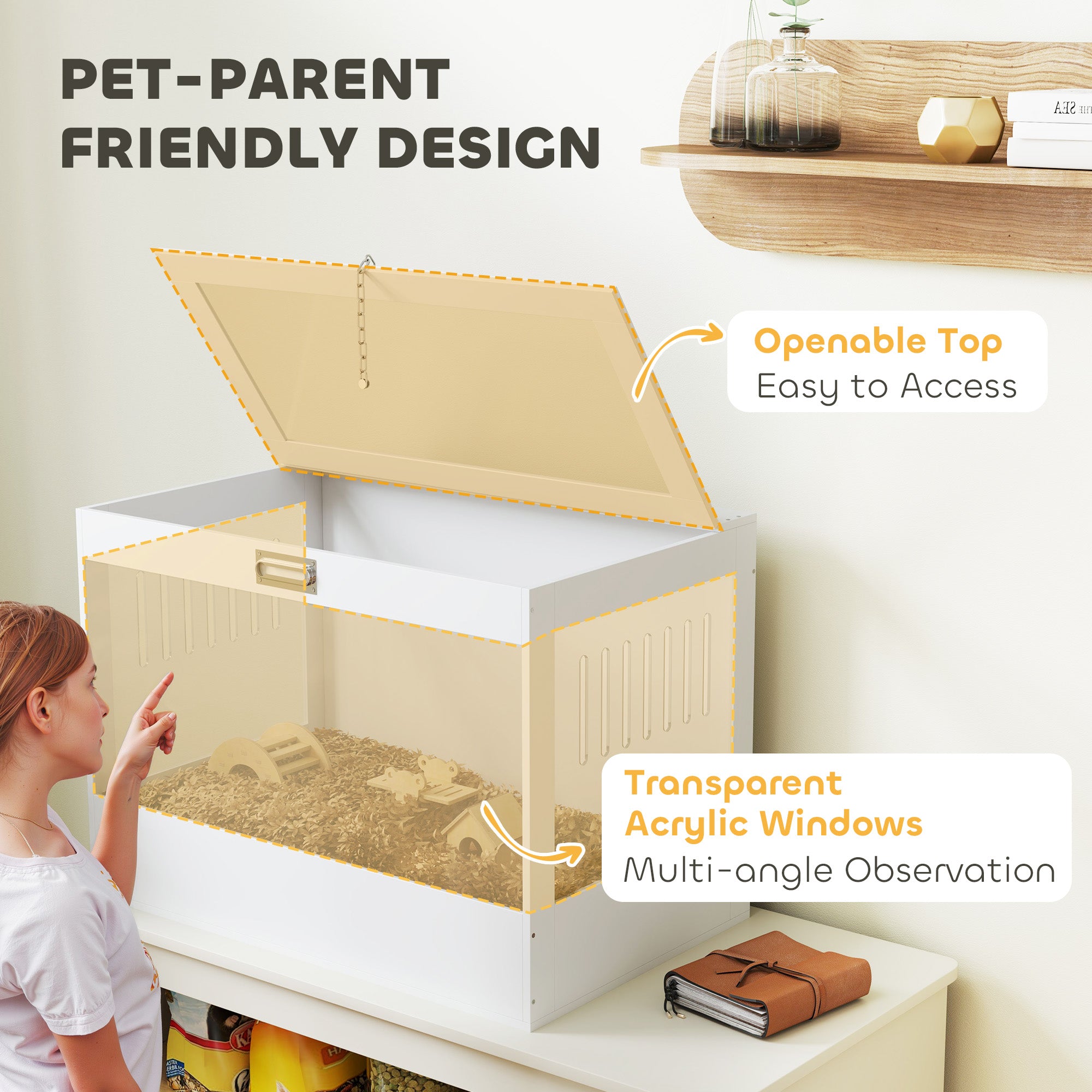 PawHut Hamster Cage with Openable Top & Lock, Transparent Acrylic Panels Small Animal Habitat with Hut, Seesaw, Ladder, for Dwarf Hamster Gerbil, 31.5" x 20" x 23", White