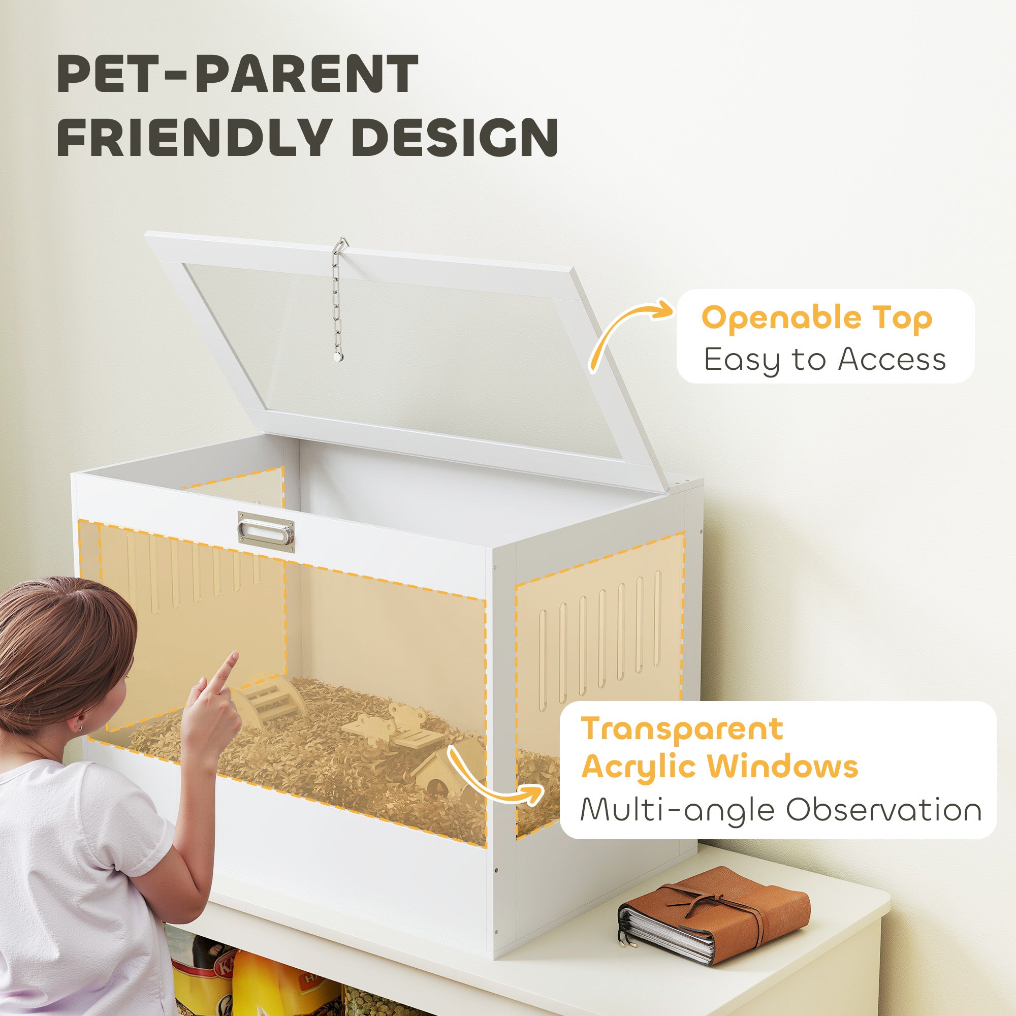 Hamster Cage, 31.5"L Transparent Acrylic Small Animal Habitat with Openable Top, Exercise Play House with Hut, Seesaw, Ladder for Dwarf Hamster, Gerbil, White