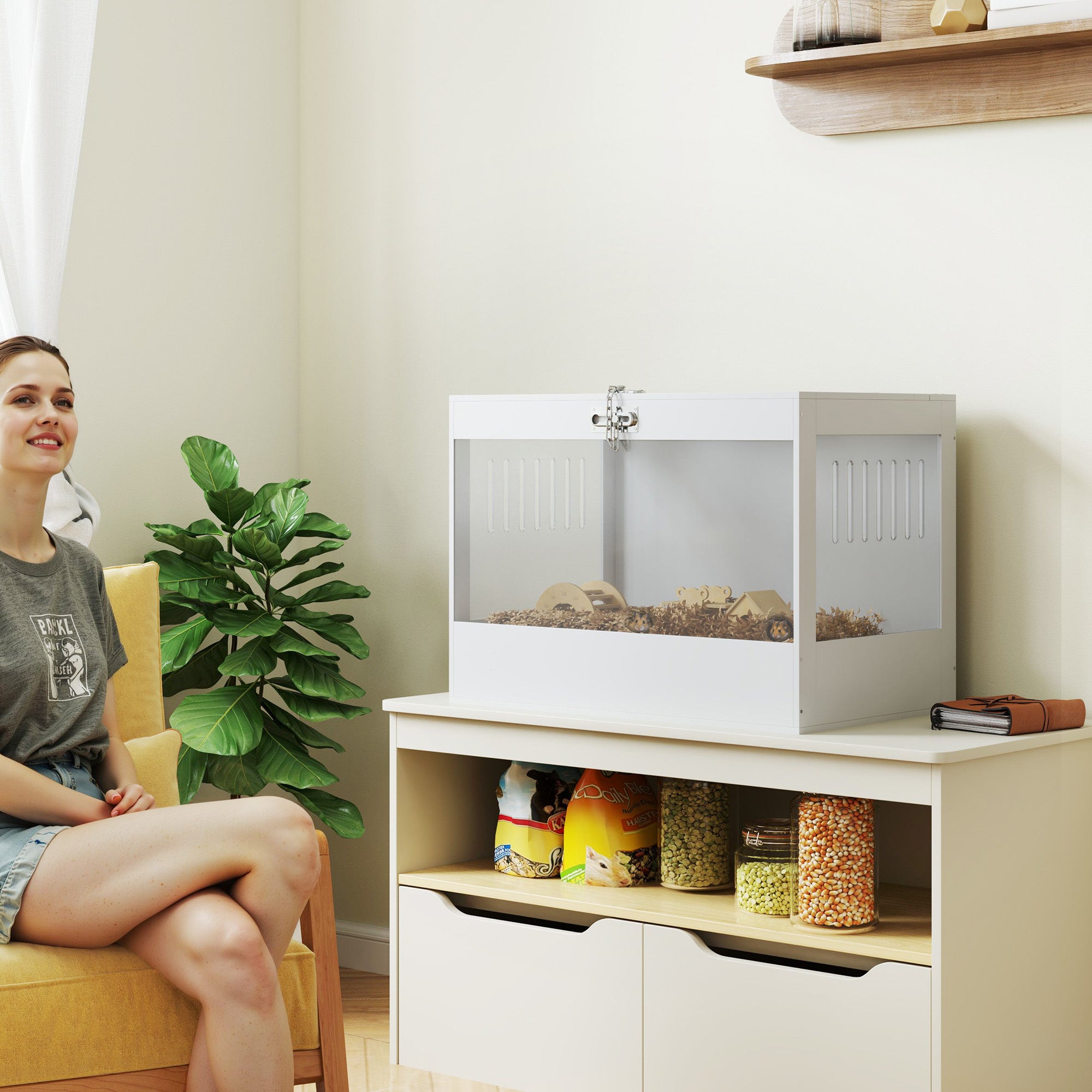 PawHut Hamster Cage with Openable Top & Lock, Transparent Acrylic Panels Small Animal Habitat with Hut, Seesaw, Ladder, for Dwarf Hamster Gerbil, 31.5" x 20" x 23", White