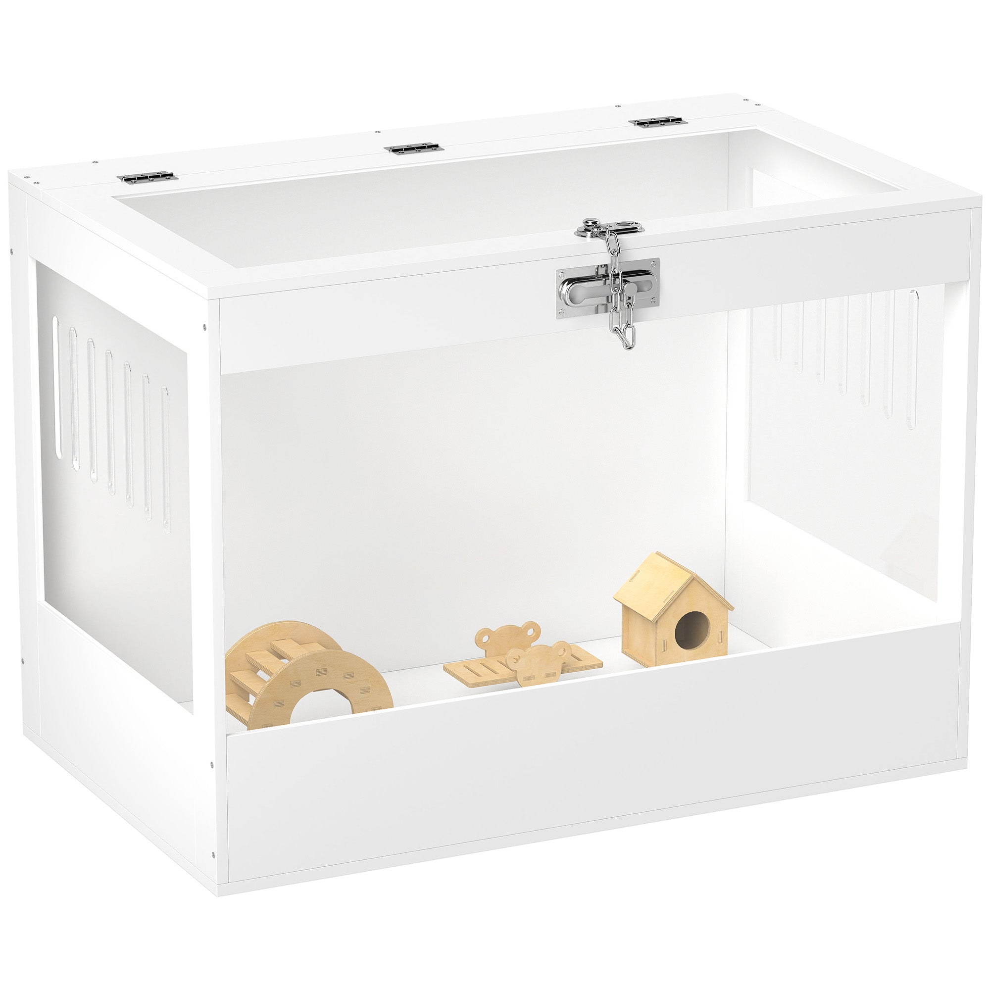 PawHut Hamster Cage with Openable Top & Lock, Transparent Acrylic Panels Small Animal Habitat with Hut, Seesaw, Ladder, for Dwarf Hamster Gerbil, 31.5" x 20" x 23", White