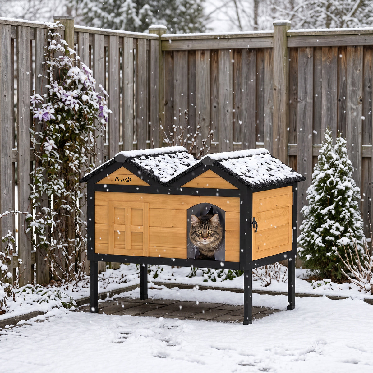 Outdoor Cat House Wooden with Removable Liner, Raised Cat Shelter Outdoor Indoor, Weatherproof Asphalt Roof, Wide Side Cleaning Door, PVC Curtain, 1 Cat up to 10 kg