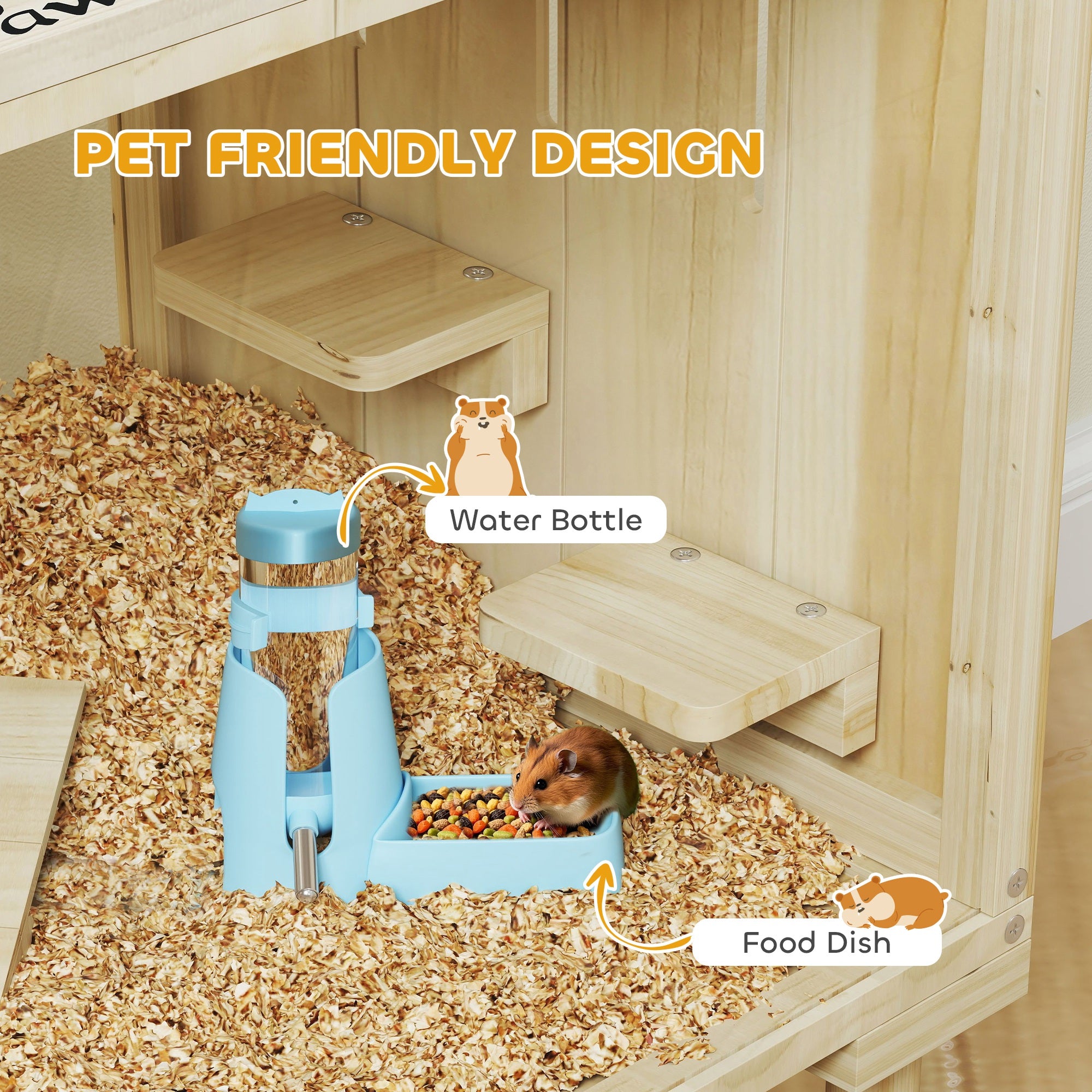 Large Hamster Cage, 28"Length Wooden Hamster Cage for Syrian, Dwarf, Gerbil, Hamster Habitat with Seesaw, Water Bottle, Food Dish, Hut, Transparent Panel for Easy Observe