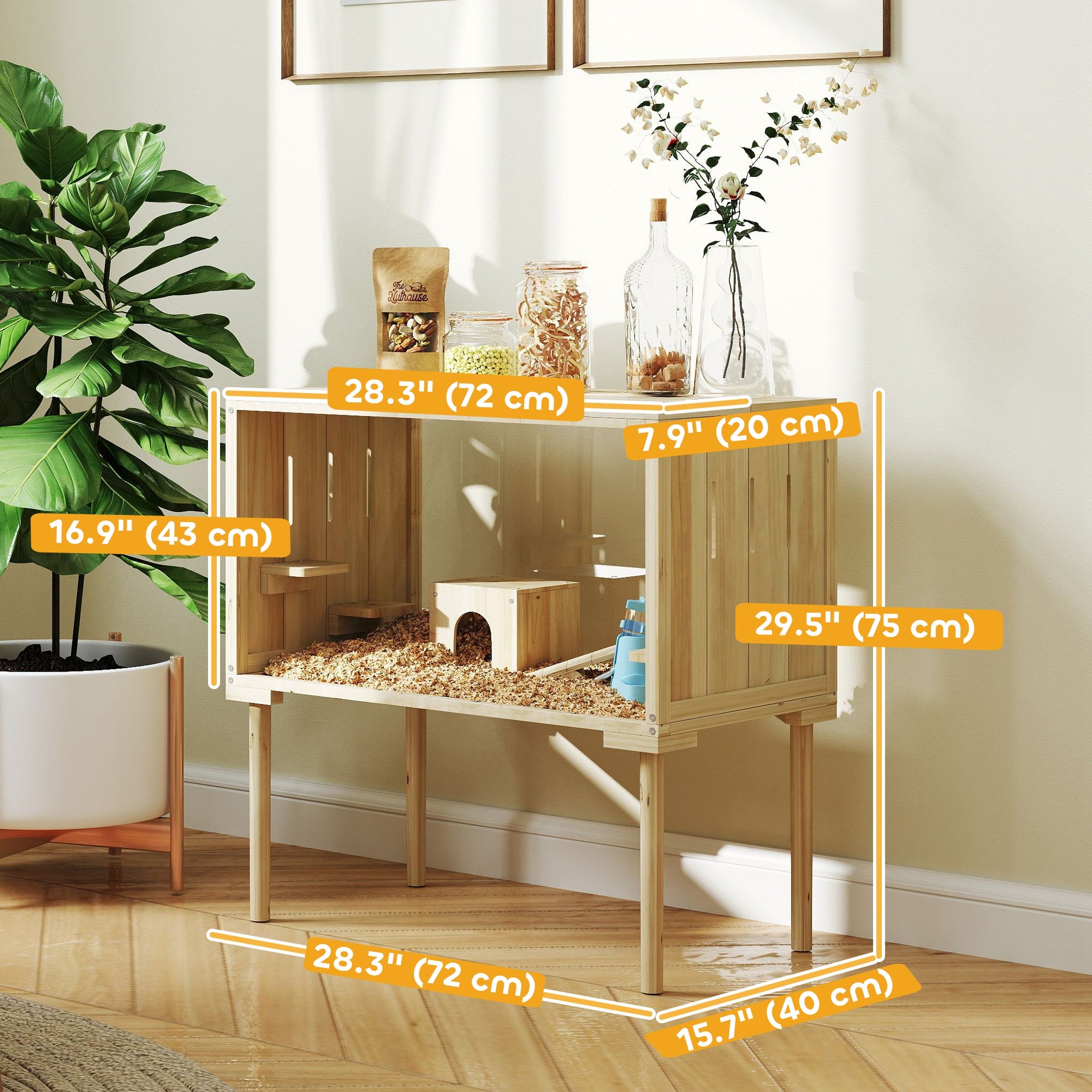 Large Hamster Cage, 28"Length Wooden Hamster Cage for Syrian, Dwarf, Gerbil, Hamster Habitat with Seesaw, Water Bottle, Food Dish, Hut, Transparent Panel for Easy Observe