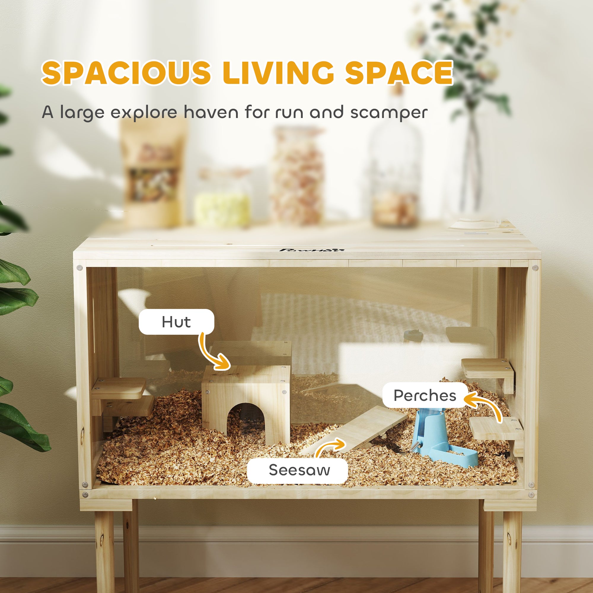 Large Hamster Cage, 28"Length Wooden Hamster Cage for Syrian, Dwarf, Gerbil, Hamster Habitat with Seesaw, Water Bottle, Food Dish, Hut, Transparent Panel for Easy Observe