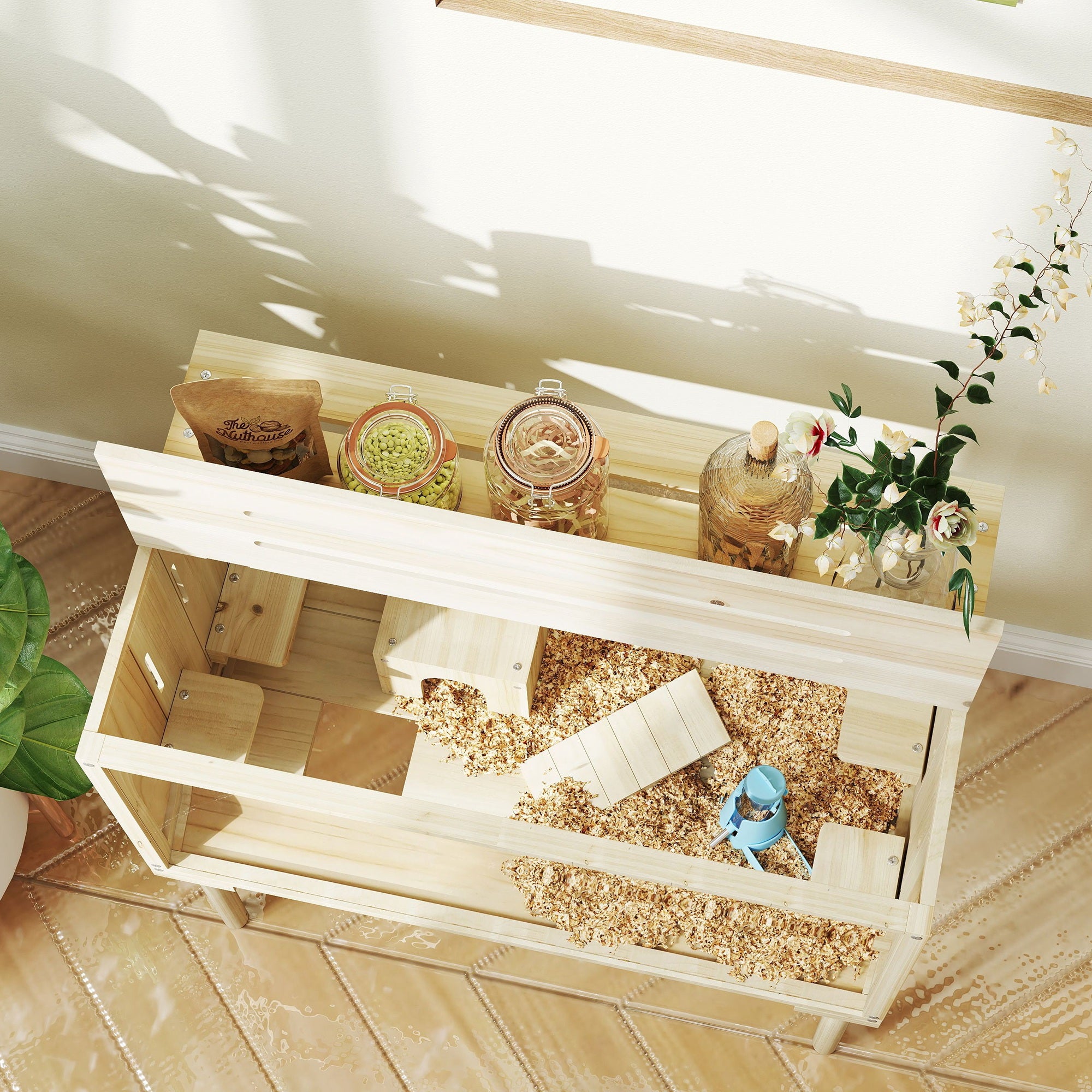 Large Hamster Cage, 28"Length Wooden Hamster Cage for Syrian, Dwarf, Gerbil, Hamster Habitat with Seesaw, Water Bottle, Food Dish, Hut, Transparent Panel for Easy Observe