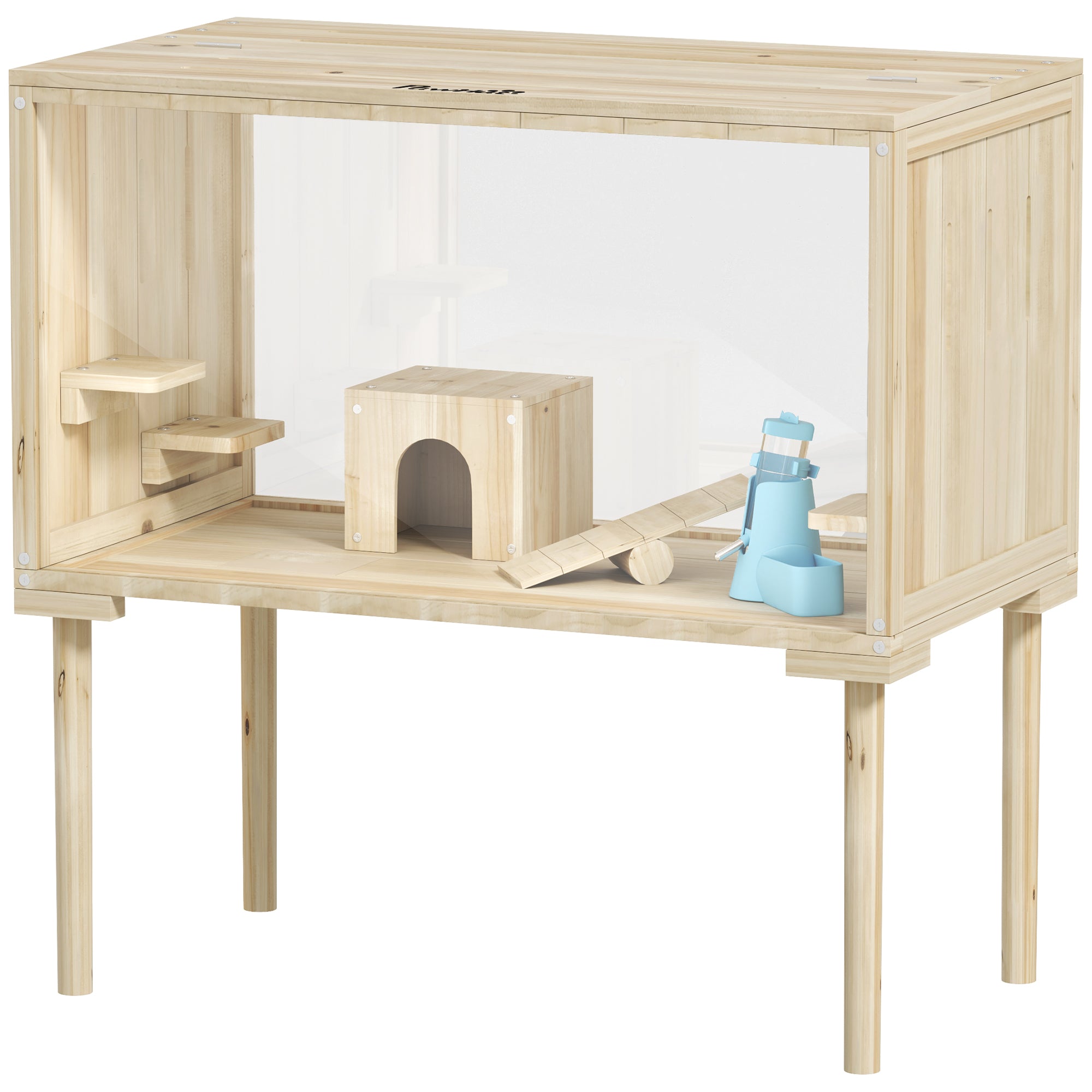 Large Hamster Cage, 28"Length Wooden Hamster Cage for Syrian, Dwarf, Gerbil, Hamster Habitat with Seesaw, Water Bottle, Food Dish, Hut, Transparent Panel for Easy Observe