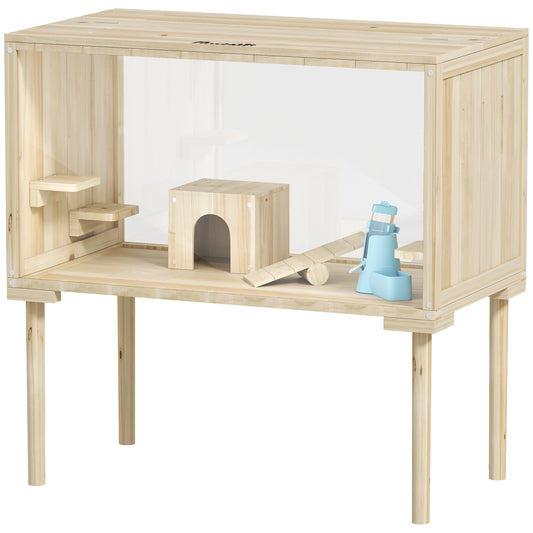 Large Hamster Cage, 28"Length Wooden Hamster Cage for Syrian, Dwarf, Gerbil, Hamster Habitat with Seesaw, Water Bottle, Food Dish, Hut, Transparent Panel for Easy Observe