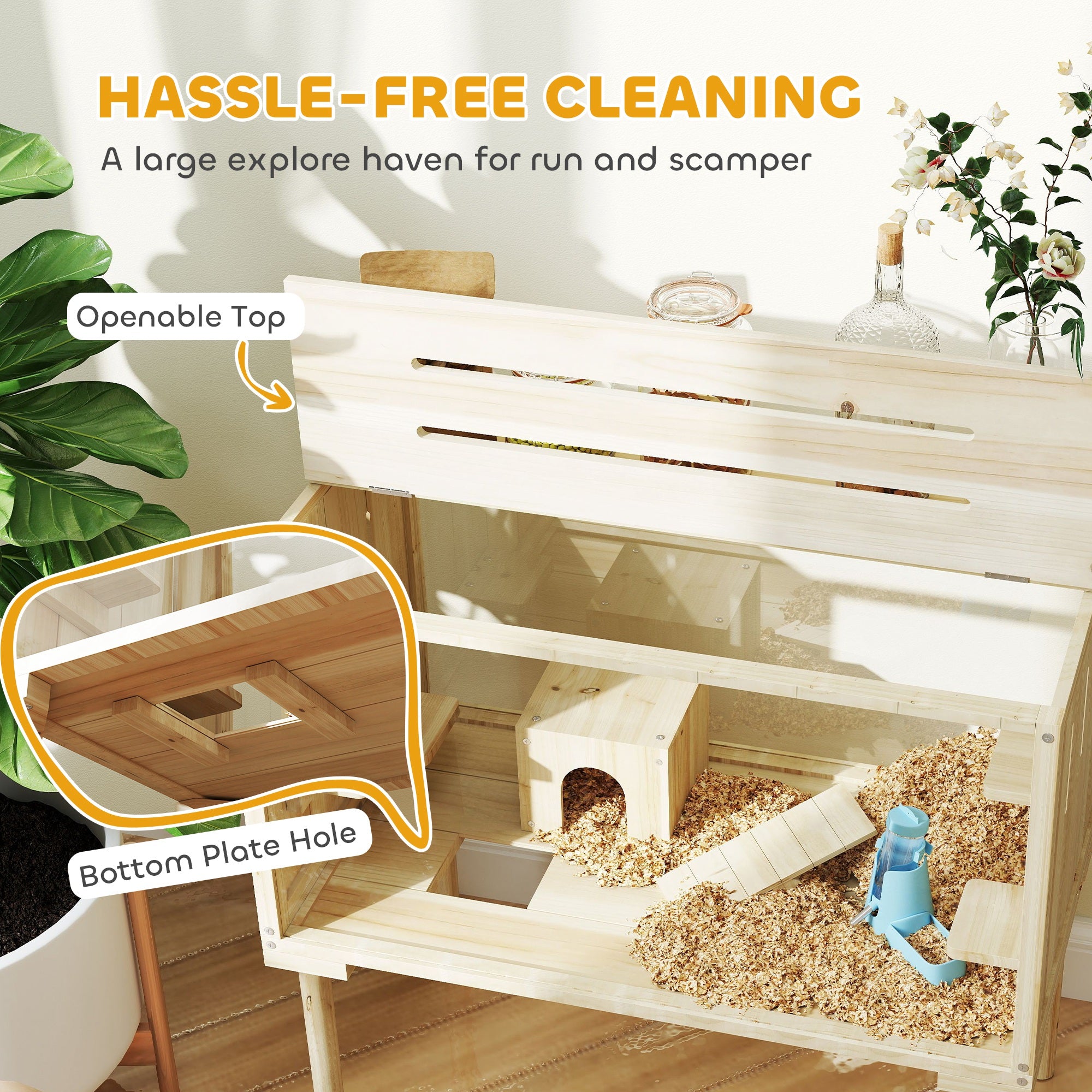 Large Hamster Cage, 28"Length Wooden Hamster Cage for Syrian, Dwarf, Gerbil, Hamster Habitat with Seesaw, Water Bottle, Food Dish, Hut, Transparent Panel for Easy Observe