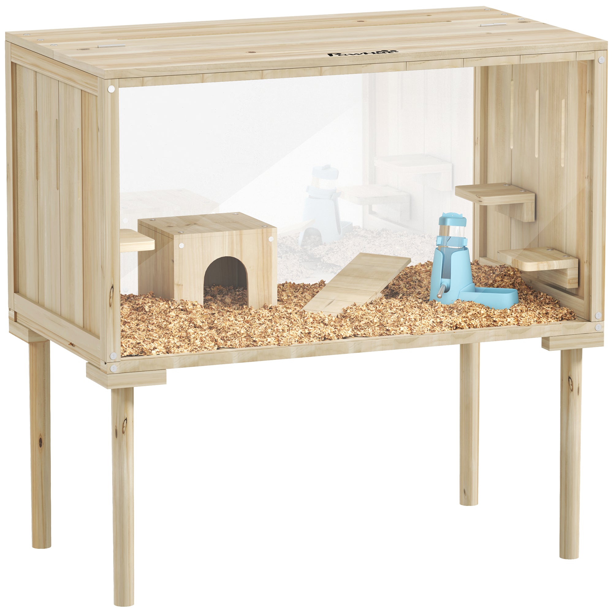 Large Hamster Cage, 28"Length Wooden Hamster Cage for Syrian, Dwarf, Gerbil, Hamster Habitat with Seesaw, Water Bottle, Food Dish, Hut, Transparent Panel for Easy Observe