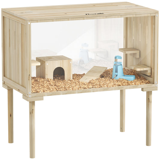 Large Hamster Cage, 28"Length Wooden Hamster Cage for Syrian, Dwarf, Gerbil, Hamster Habitat with Seesaw, Water Bottle, Food Dish, Hut, Transparent Panel for Easy Observe