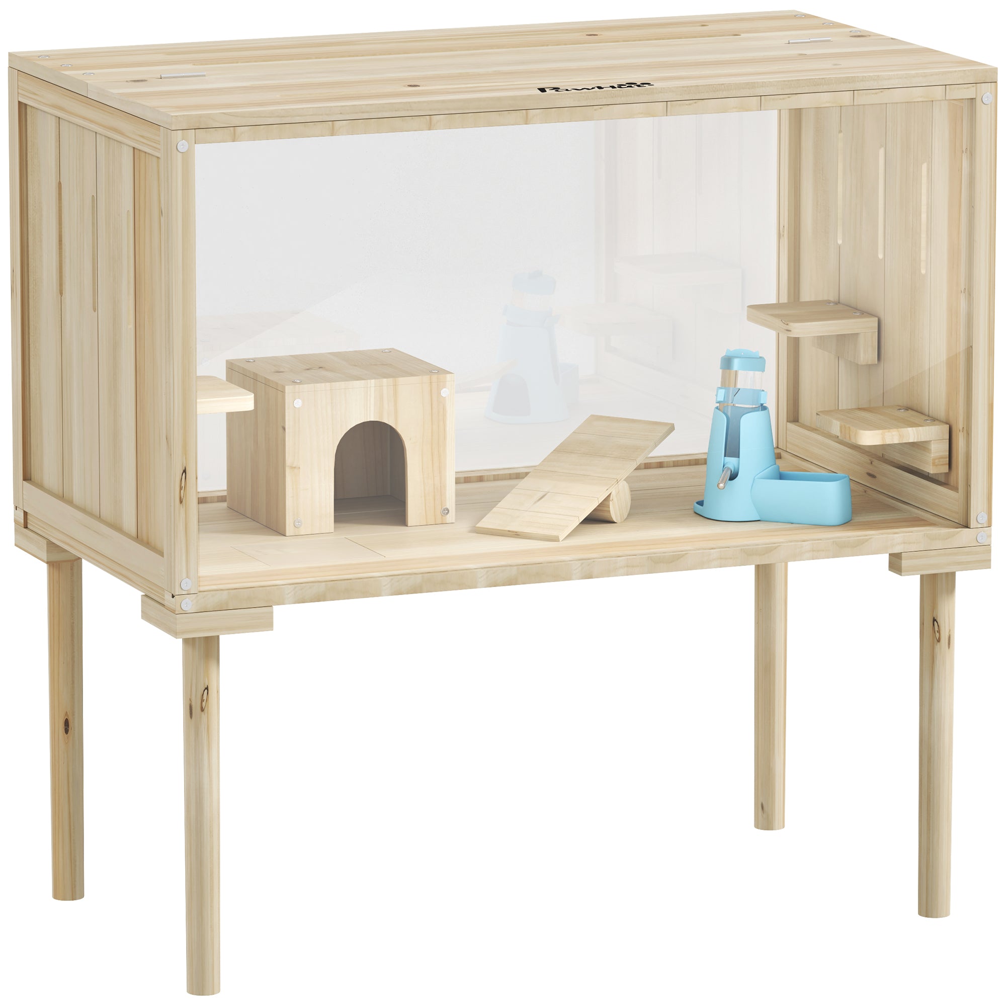 Large Hamster Cage, 28"Length Wooden Hamster Cage for Syrian, Dwarf, Gerbil, Hamster Habitat with Seesaw, Water Bottle, Food Dish, Hut, Transparent Panel for Easy Observe