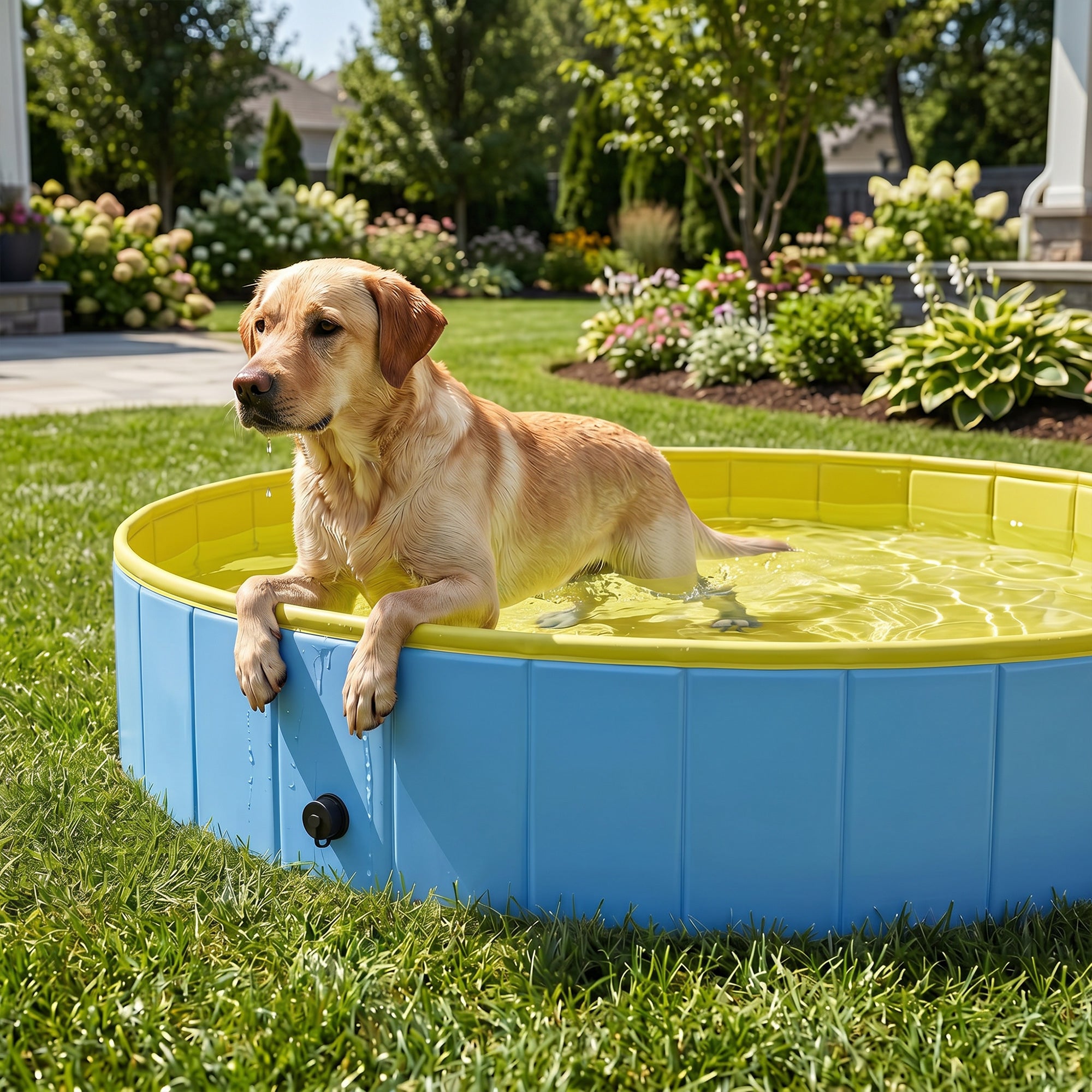 Foldable Dog Pool for Puppies and Ducks, Thickened PVC Dog Paddling Pool Bath Tub Hard Board, Anti-Slip Bottom and Hose Adapter for Easy Drainage, 160 x 30cm, Blue and Yellow
