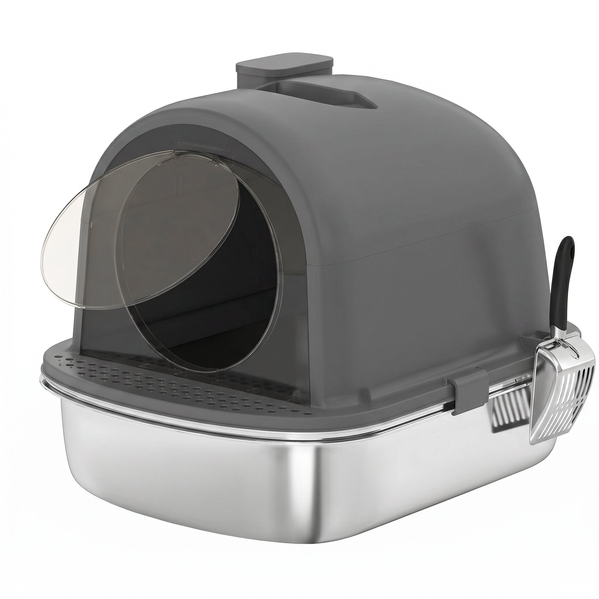 Stainless Steel Litter Box with Lid, Enclosed Cat Litter Box with Scoop, Deodorizer Bag, Handle, Odour Control, Non-Sticky and Easy to Clean, Dark Grey