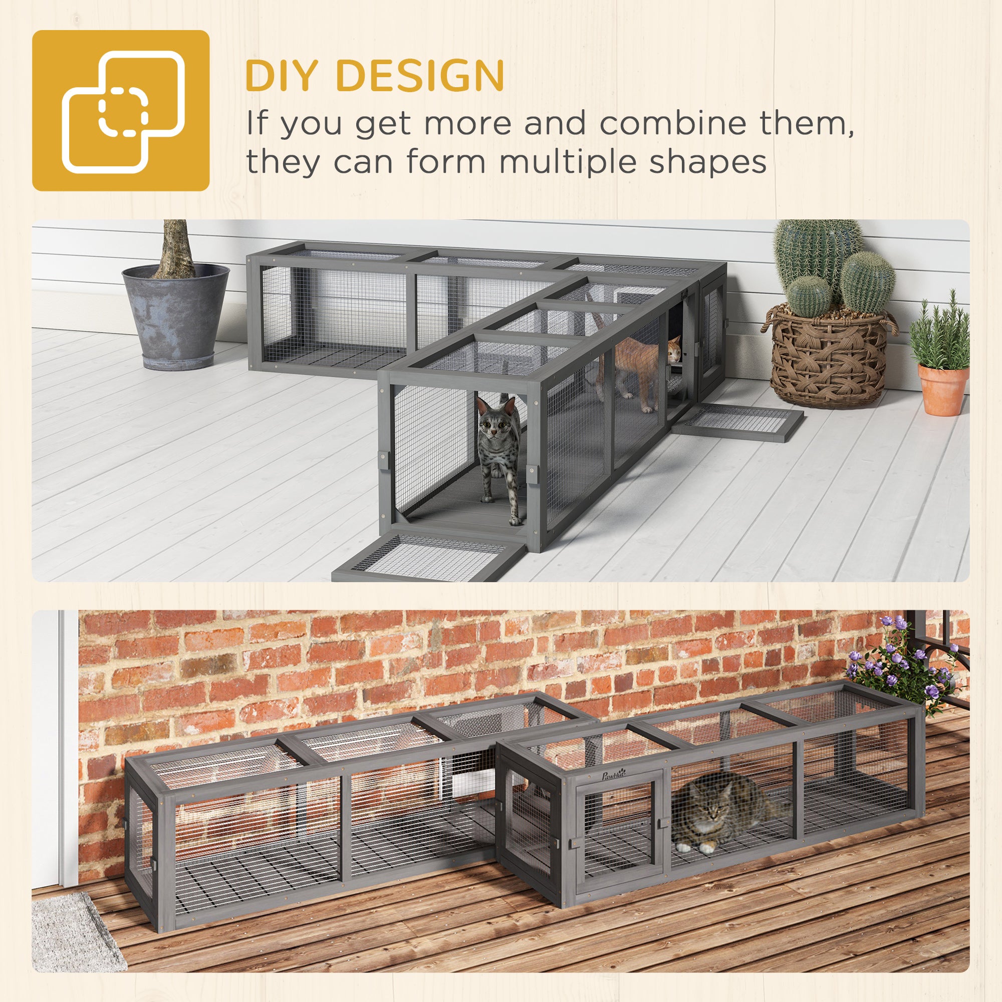 PawHut Outdoor Cat Tunnel with Extendable Design, 59" L Wooden Cat Run with Weather Protection, Connecting Inside and Outside, for Deck Patios, Balconies, Gray