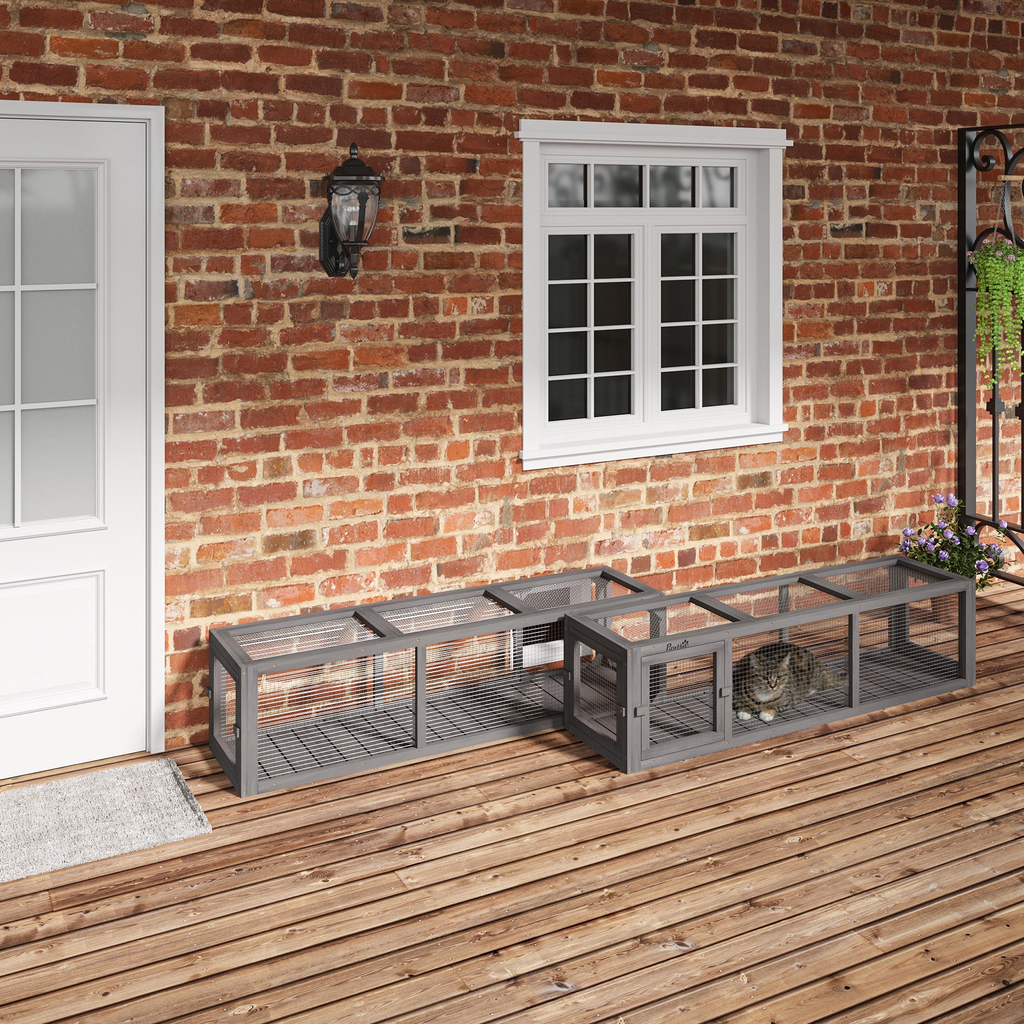 PawHut Outdoor Cat Tunnel with Extendable Design, 59" L Wooden Cat Run with Weather Protection, Connecting Inside and Outside, for Deck Patios, Balconies, Gray