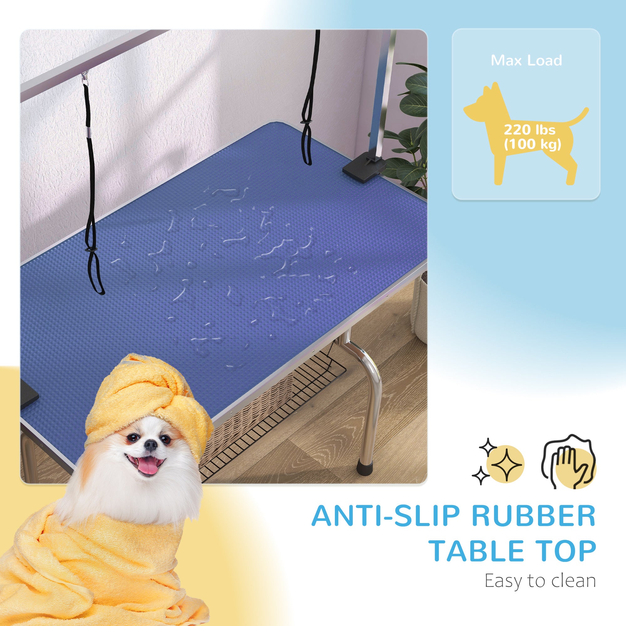 43"L Dog Grooming Table, Pet Foldable Grooming Table with 8"- 32" Adjustable Arm, Two Nooses, Mesh Tray and Rubber Top for Large Medium Small Pets, Blue