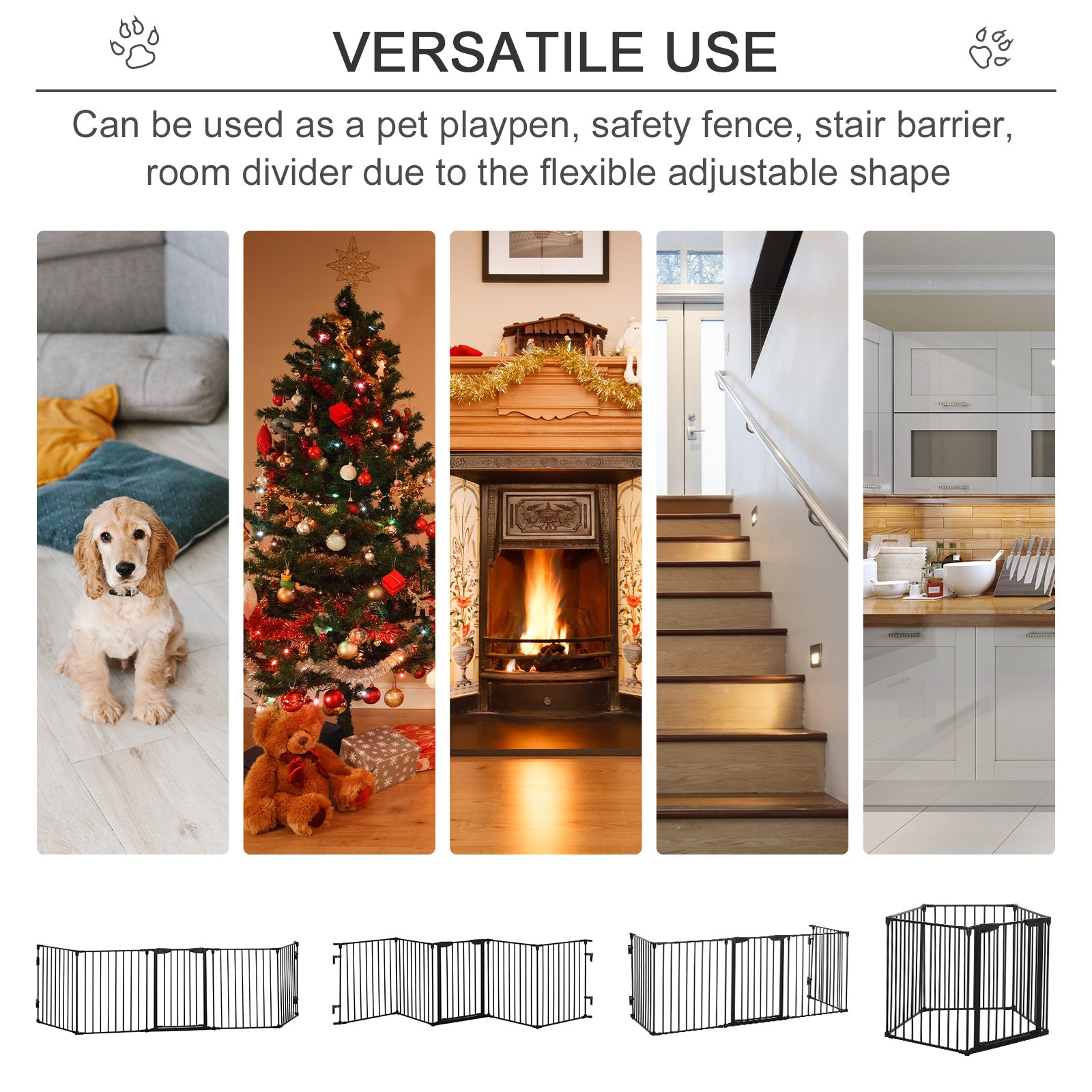 Pet Safety Gate, 5 Panels Playpen Fireplace, Metal Fence, Stair Barrier, Room Divider w/ Walk-Through Door - Black