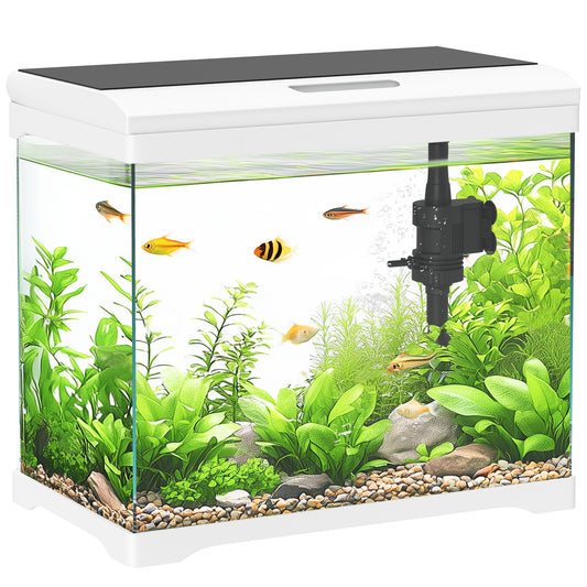 27L Fish Tank, Glass Aquarium with Filter System, LED Light, Water Pump, Fish Tank Starter Kits for Betta, Goldfish, Shrimps, White