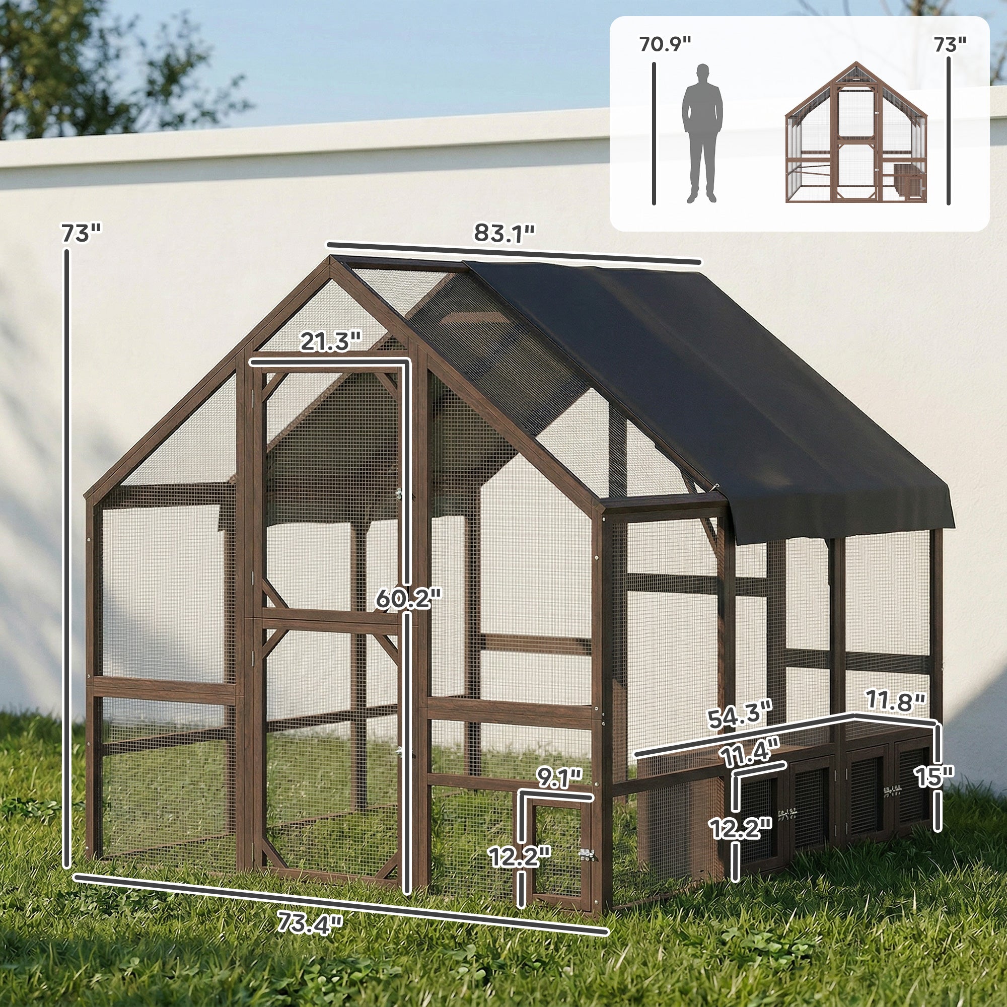 Large Wooden Chicken Coop for 8-10 Hens, Walk-in Chicken Run with Waterproof Cover, Nesting Boxes and Perches, Outdoor Poultry Cage Rabbit Hutch for Backyard, 83" x 73" x 73", Dark Brown