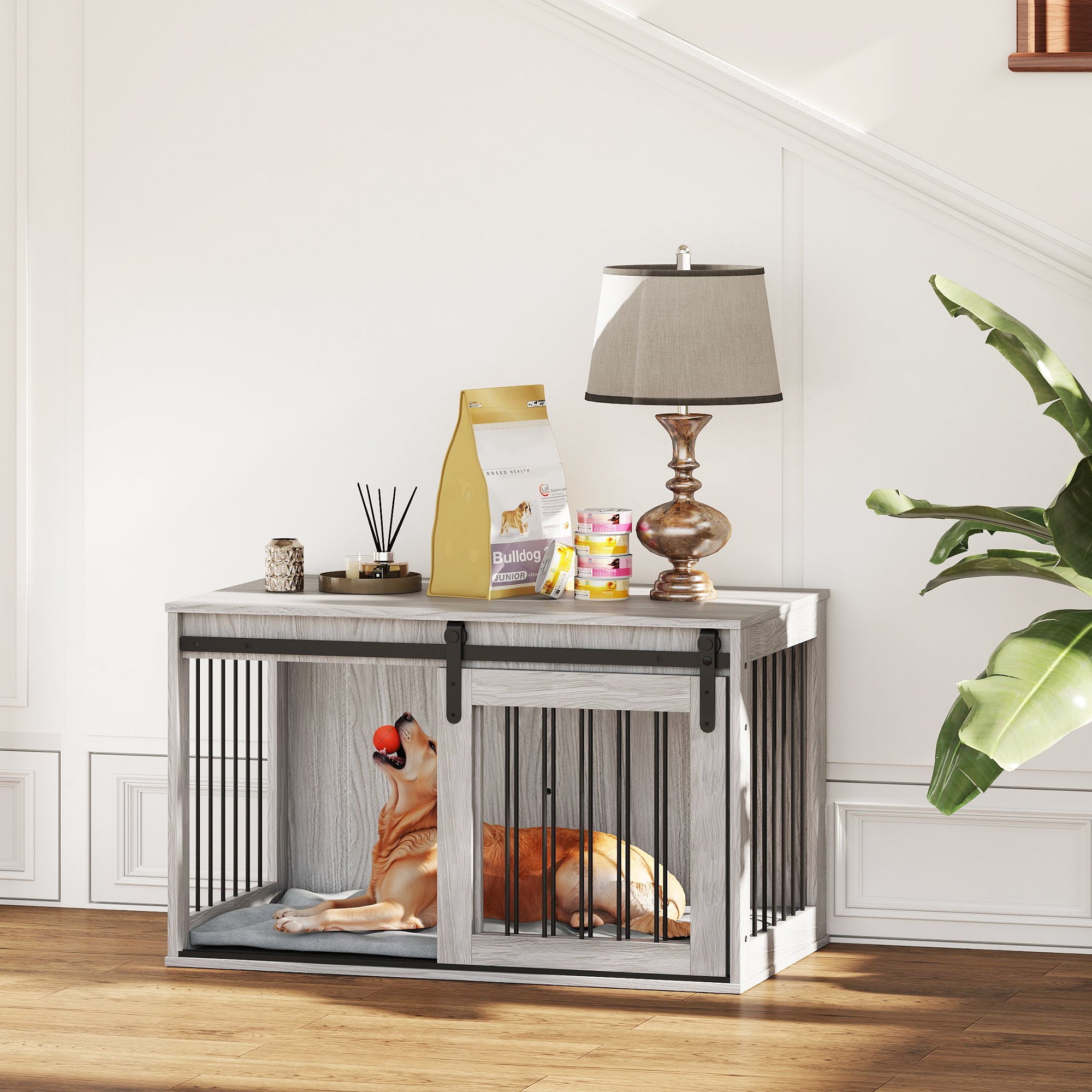 Dog Crate Furniture, Dog House Furniture Style for Large Breeds, Pet Kennel with Removable Cushion for Indoor Use, 98 x 58 x 61cm, Grey