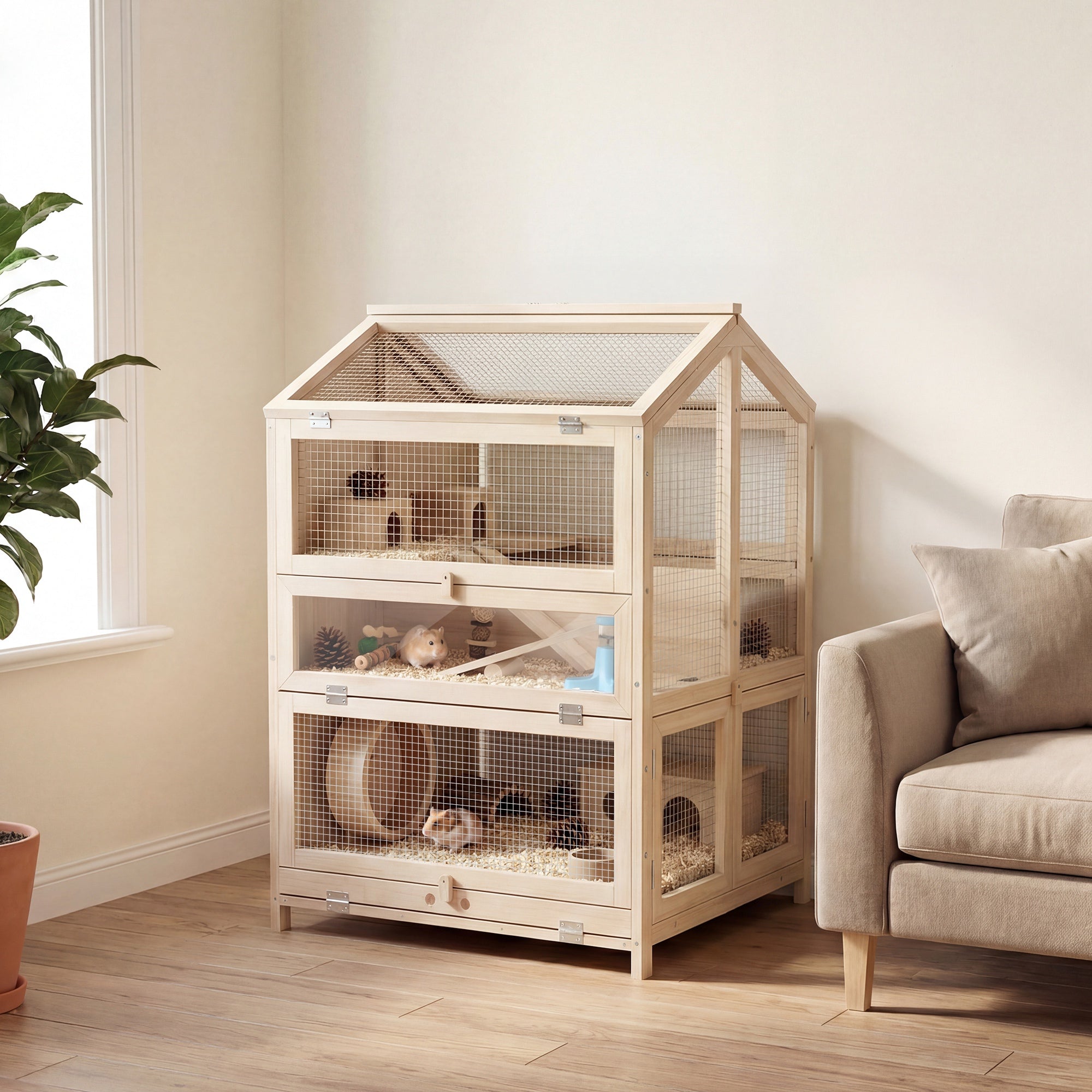 Wooden Hamster Cage, Large 3 Tier Hamster Cage w/ Pull-Out Tray, Openable Tops, Huts, Seesaws, Ramps, Water Bowls, for Small Animals, Guinea Pigs, Rats, Bunnies, Gerbils, 26.8" x 24.2" x 35.4"