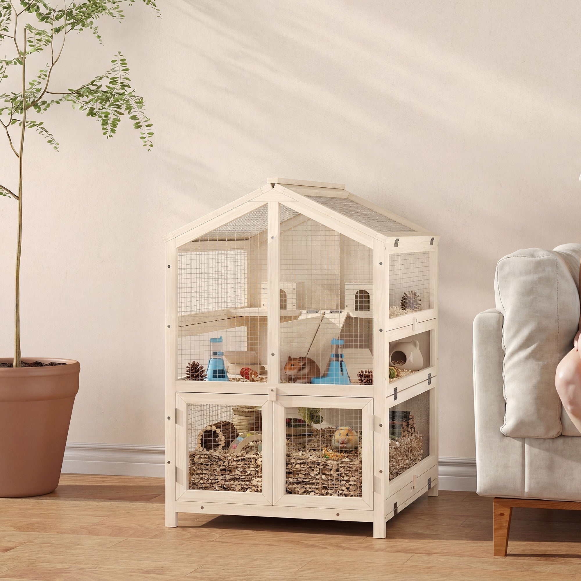 PawHut 3-Tier Wooden Hamster Cage with Divider, Tray, Ramps & Huts, Natural