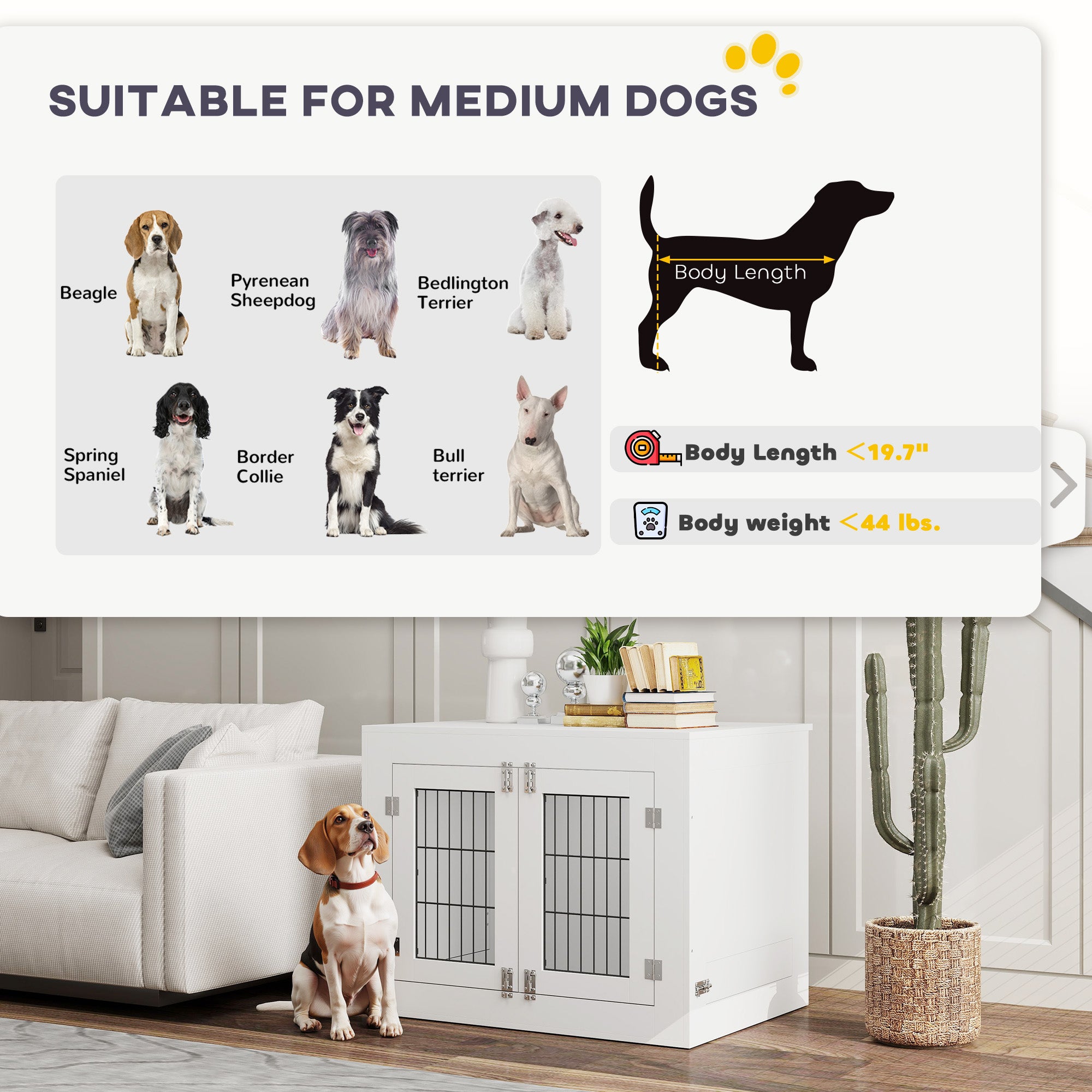31.5in Dog Crate Furniture with 360° Rotatable Removable Dog Bowls, Dog Kennel Side End Table with Two Doors, for Medium Dogs, 31.5" x 24" x 25", White