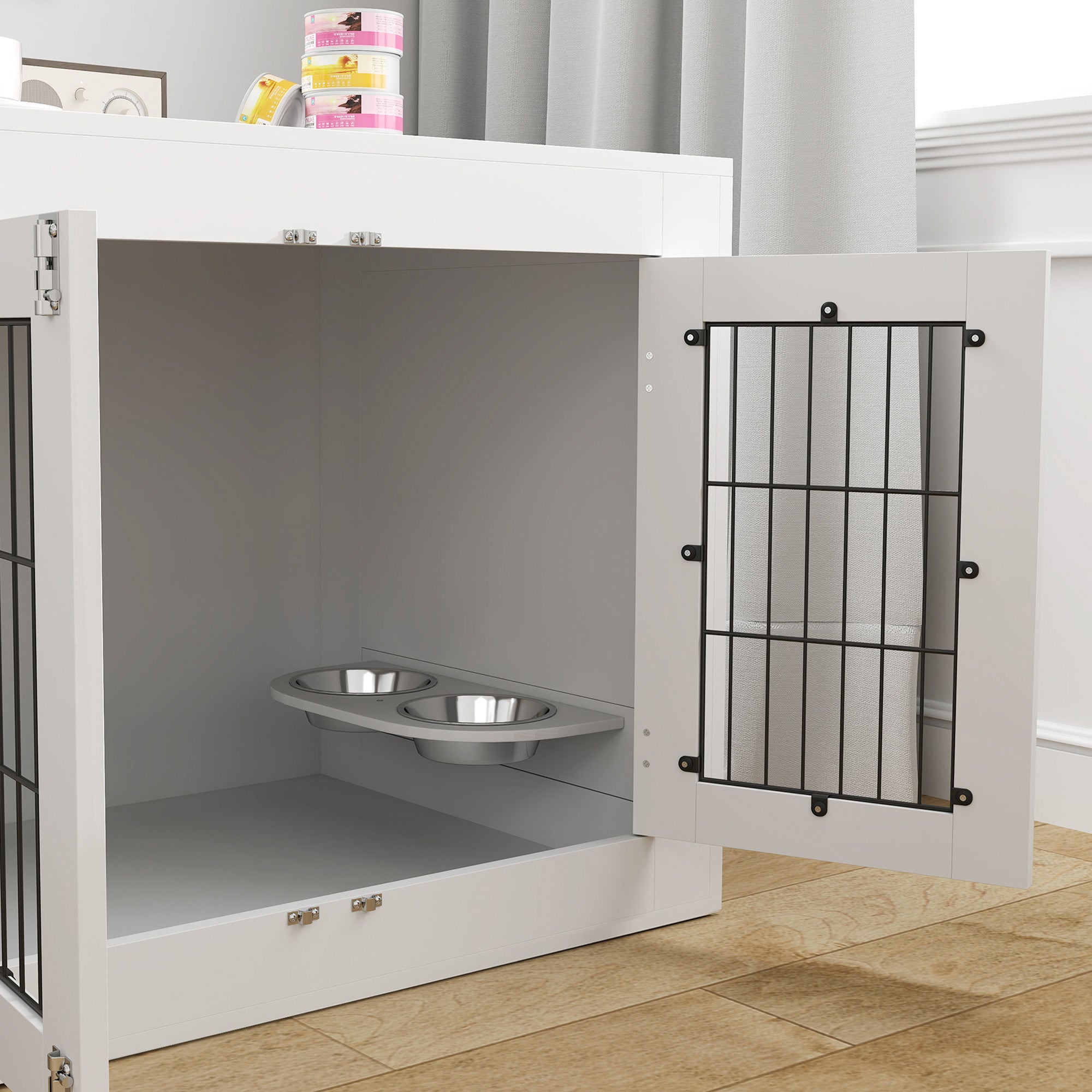 31.5in Dog Crate Furniture with 360° Rotatable Removable Dog Bowls, Dog Kennel Side End Table with Two Doors, for Medium Dogs, 31.5" x 24" x 25", White