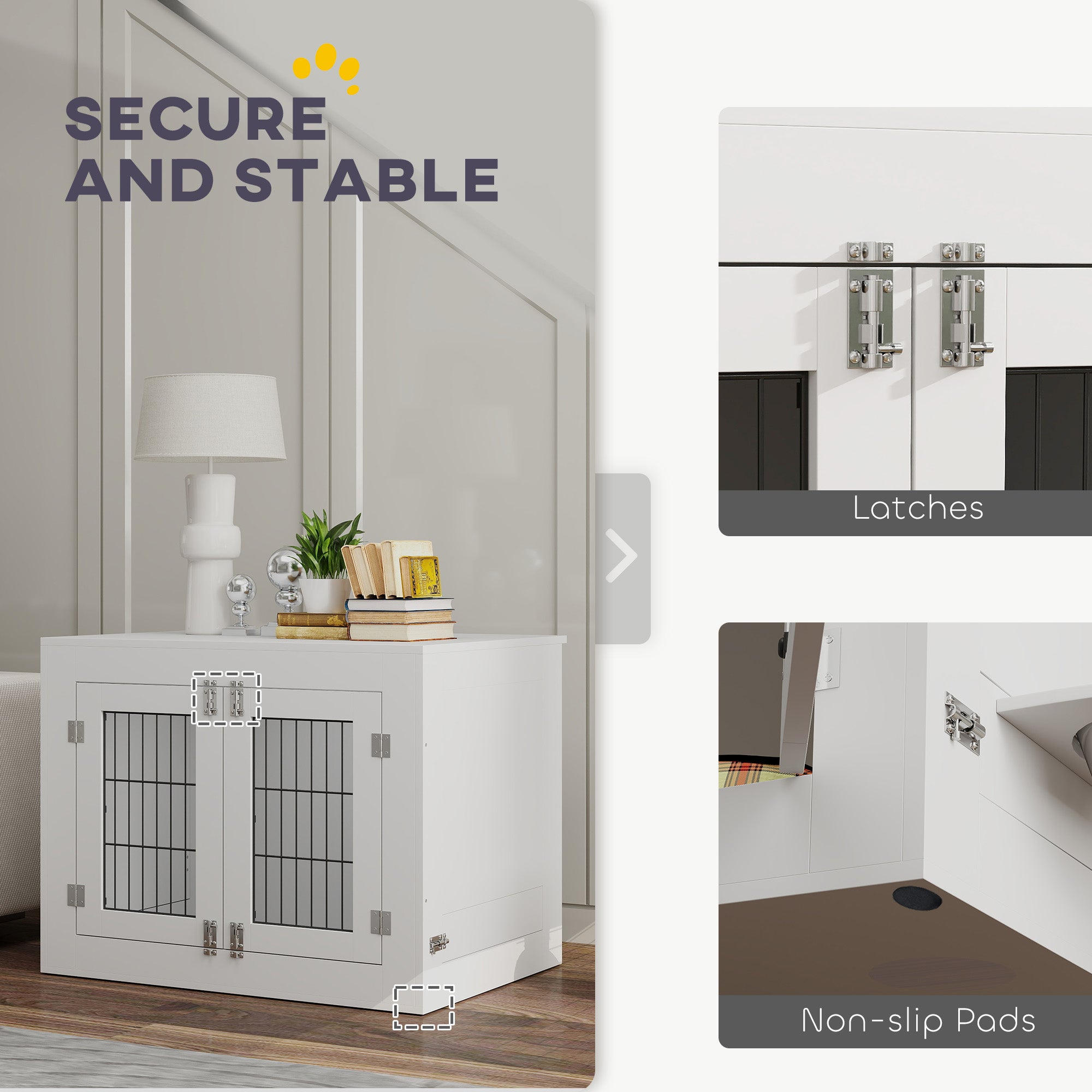 31.5in Dog Crate Furniture with 360° Rotatable Removable Dog Bowls, Dog Kennel Side End Table with Two Doors, for Medium Dogs, 31.5" x 24" x 25", White