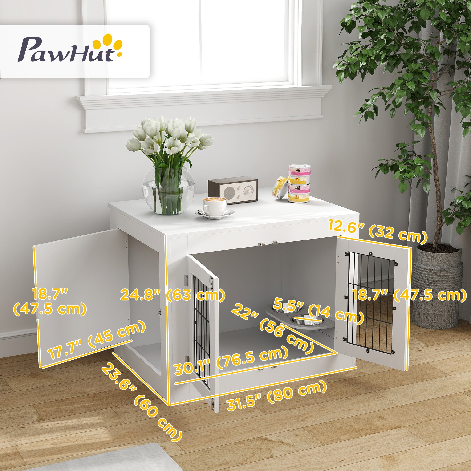 31.5in Dog Crate Furniture with 360° Rotatable Removable Dog Bowls, Dog Kennel Side End Table with Two Doors, for Medium Dogs, 31.5" x 24" x 25", White
