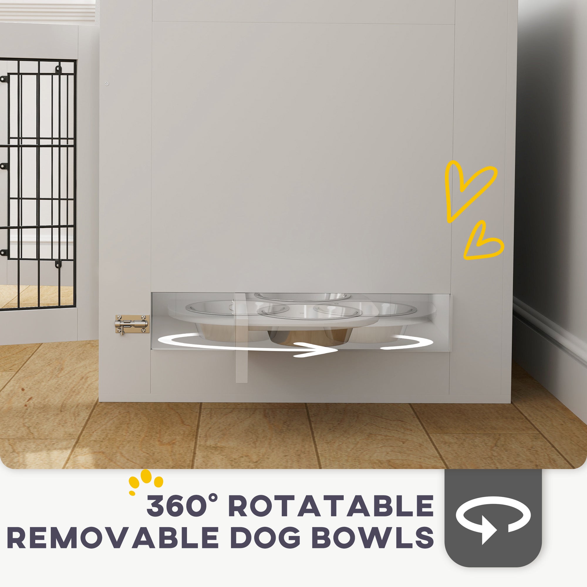 31.5in Dog Crate Furniture with 360° Rotatable Removable Dog Bowls, Dog Kennel Side End Table with Two Doors, for Medium Dogs, 31.5" x 24" x 25", White