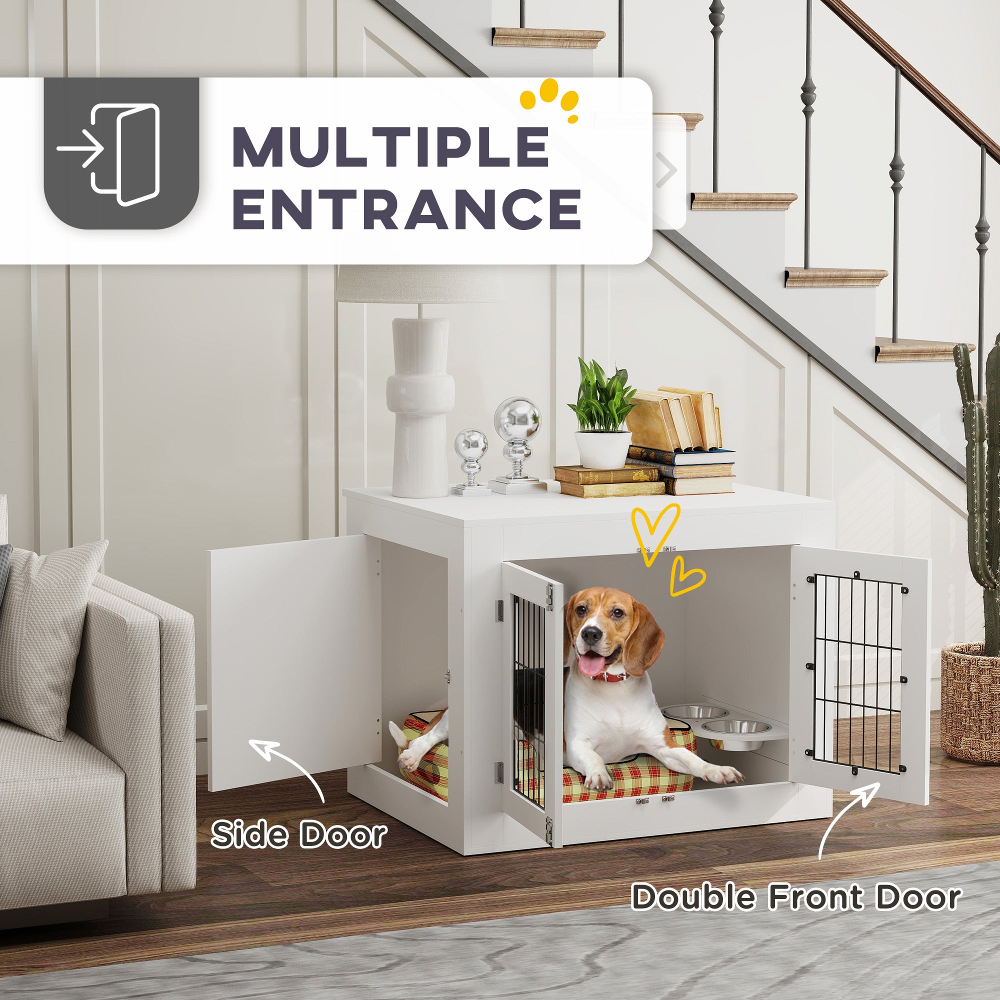 31.5in Dog Crate Furniture with 360° Rotatable Removable Dog Bowls, Dog Kennel Side End Table with Two Doors, for Medium Dogs, 31.5" x 24" x 25", White