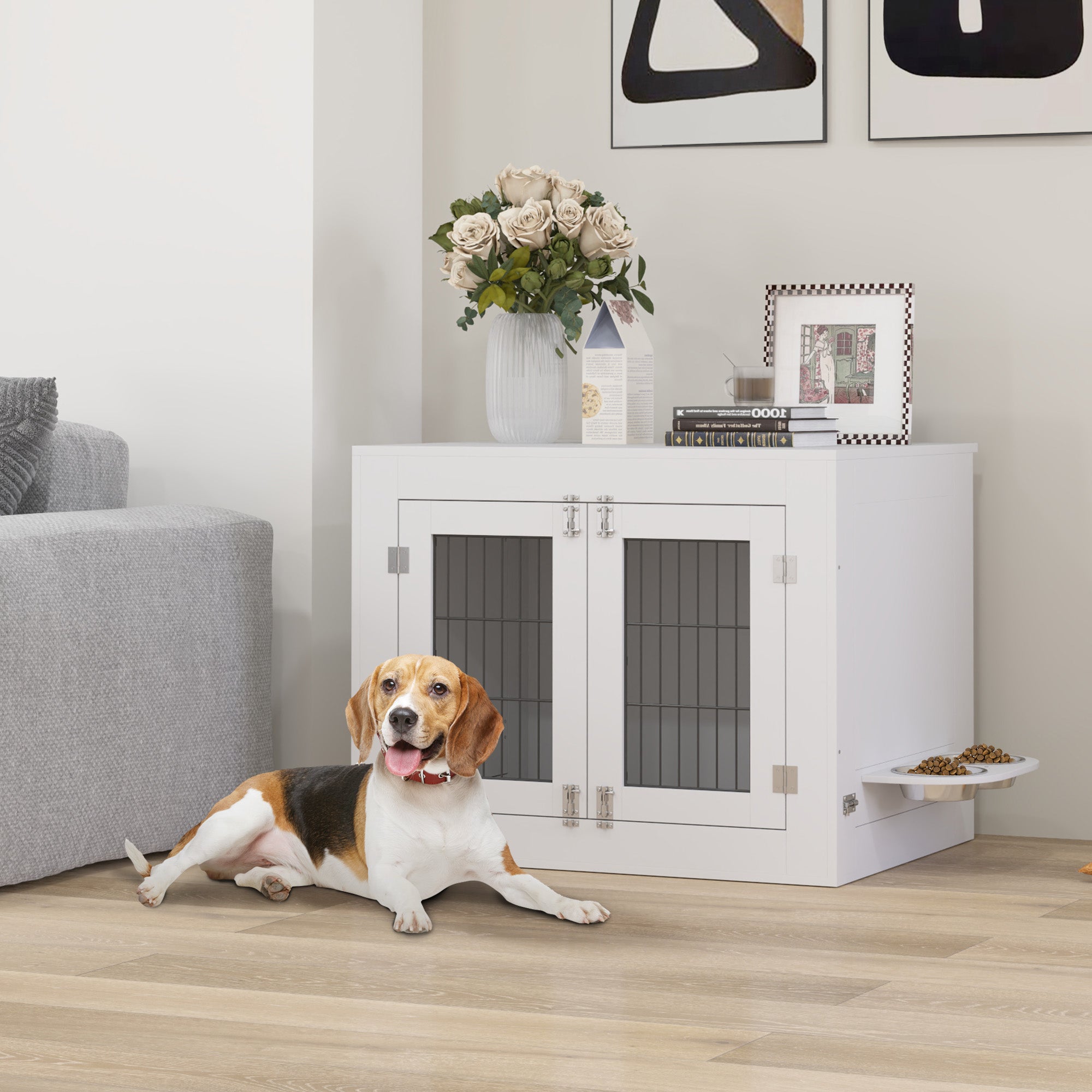 31.5in Dog Crate Furniture with 360° Rotatable Removable Dog Bowls, Dog Kennel Side End Table with Two Doors, for Medium Dogs, 31.5" x 24" x 25", White
