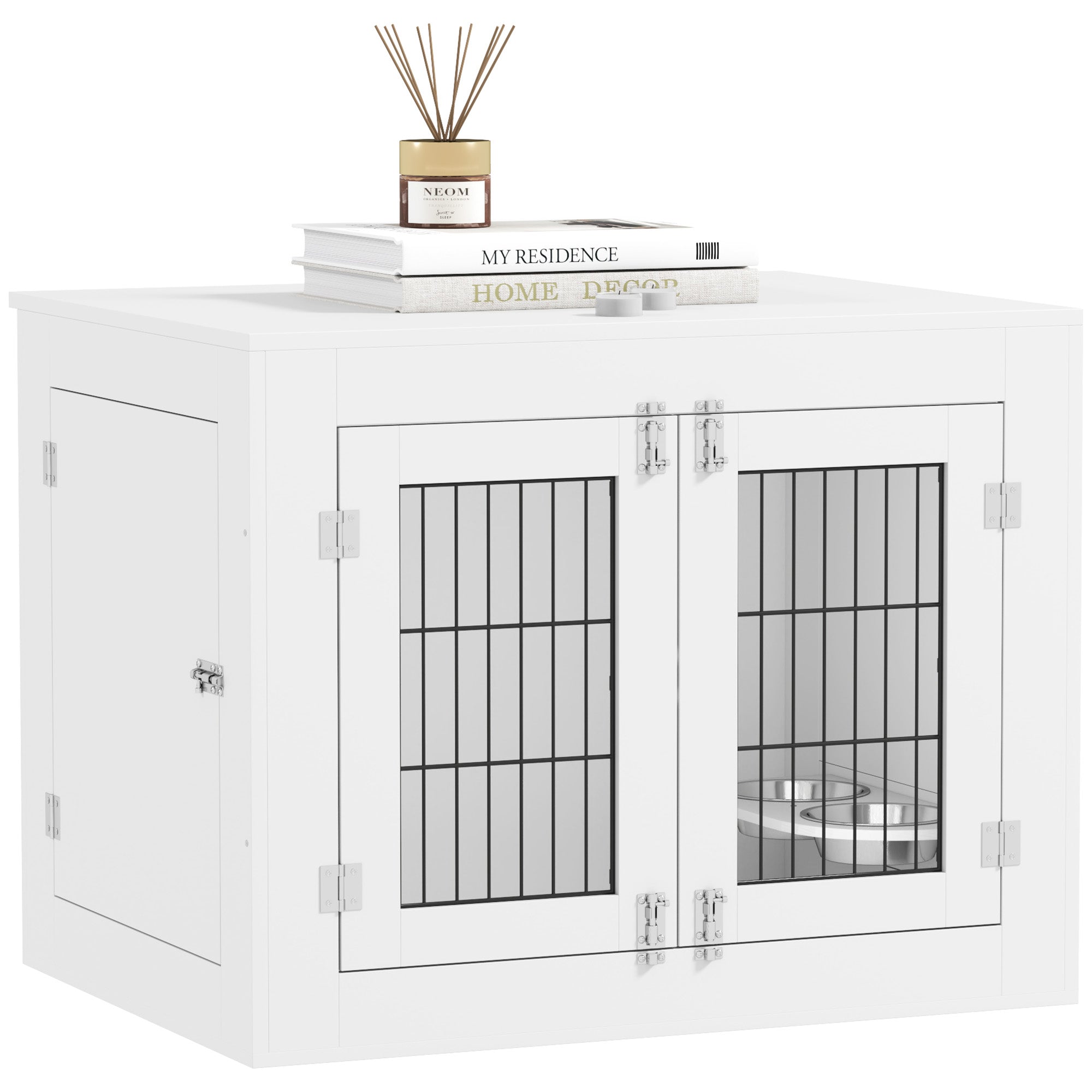 31.5in Dog Crate Furniture with 360° Rotatable Removable Dog Bowls, Dog Kennel Side End Table with Two Doors, for Medium Dogs, 31.5" x 24" x 25", White