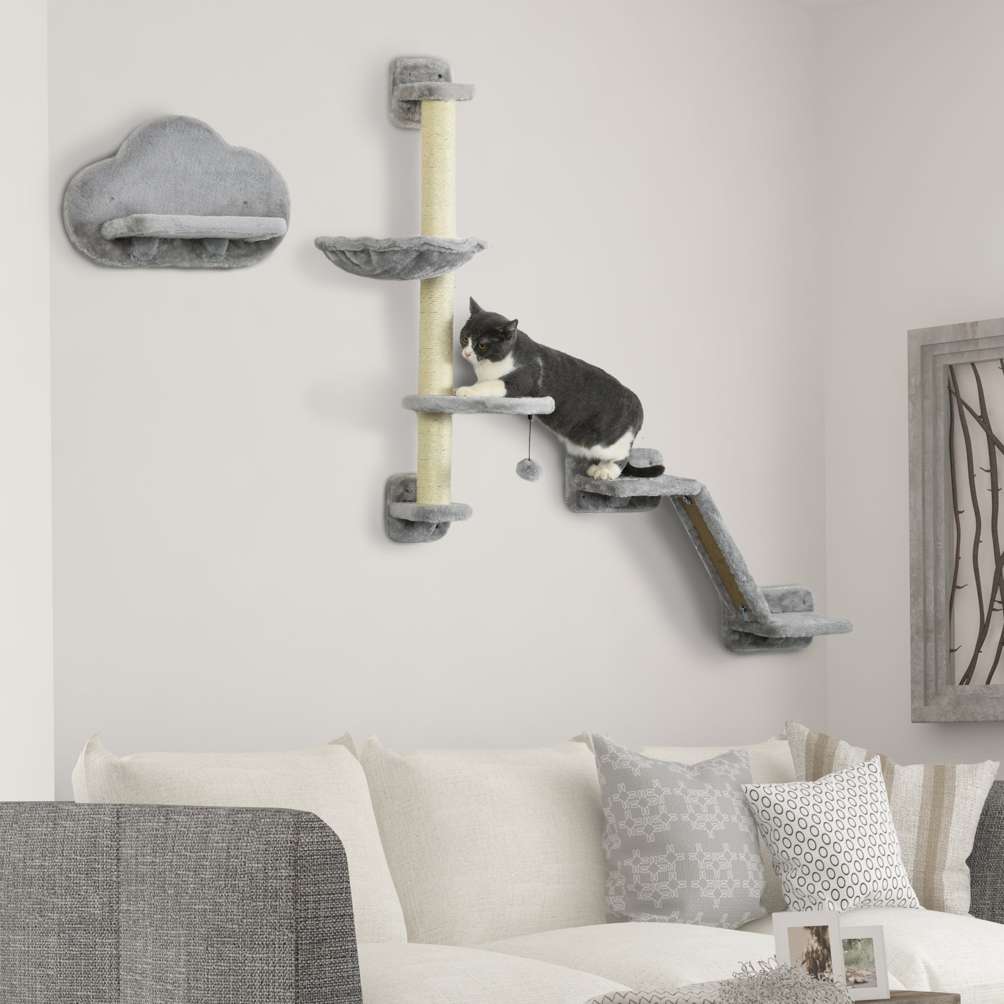 3Pcs Cat Wall Shelf with Scratching Post, Cat Wall Shelves for Relaxing, Climbing, Cat Wall With Soft Ladder, Scratching Board, Hammock, Grey