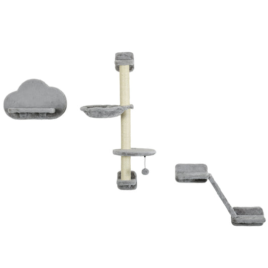 3Pcs Cat Wall Shelf with Scratching Post, Cat Wall Shelves for Relaxing, Climbing, Cat Wall With Soft Ladder, Scratching Board, Hammock, Grey