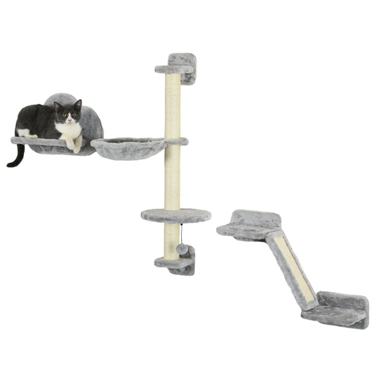 3Pcs Cat Wall Shelf with Scratching Post, Cat Wall Shelves for Relaxing, Climbing, Cat Wall With Soft Ladder, Scratching Board, Hammock, Grey