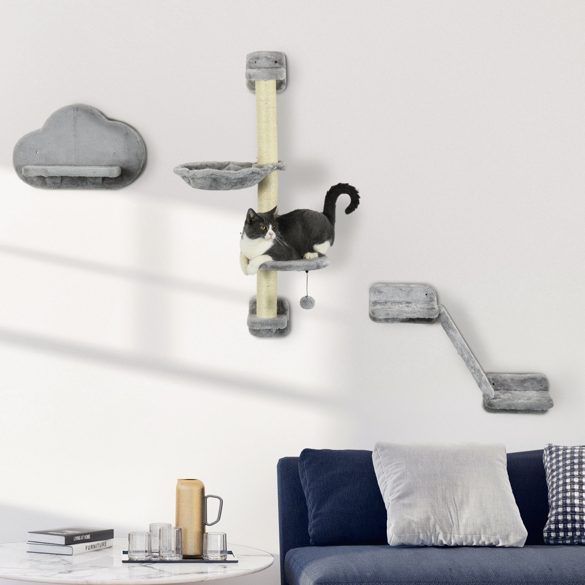 3Pcs Cat Wall Shelf with Scratching Post, Cat Wall Shelves for Relaxing, Climbing, Cat Wall With Soft Ladder, Scratching Board, Hammock, Grey