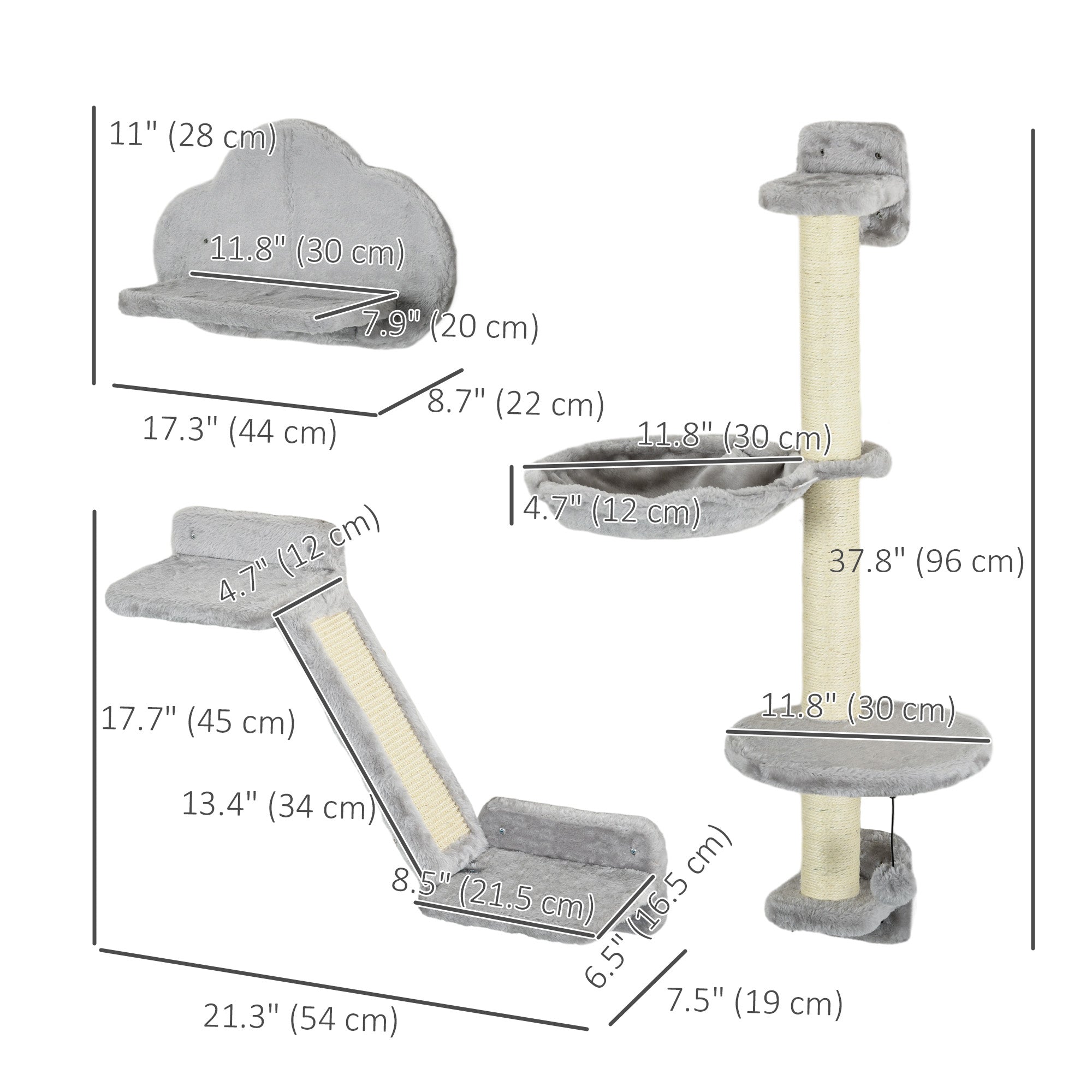 3Pcs Cat Wall Shelf with Scratching Post, Cat Wall Shelves for Relaxing, Climbing, Cat Wall With Soft Ladder, Scratching Board, Hammock, Grey