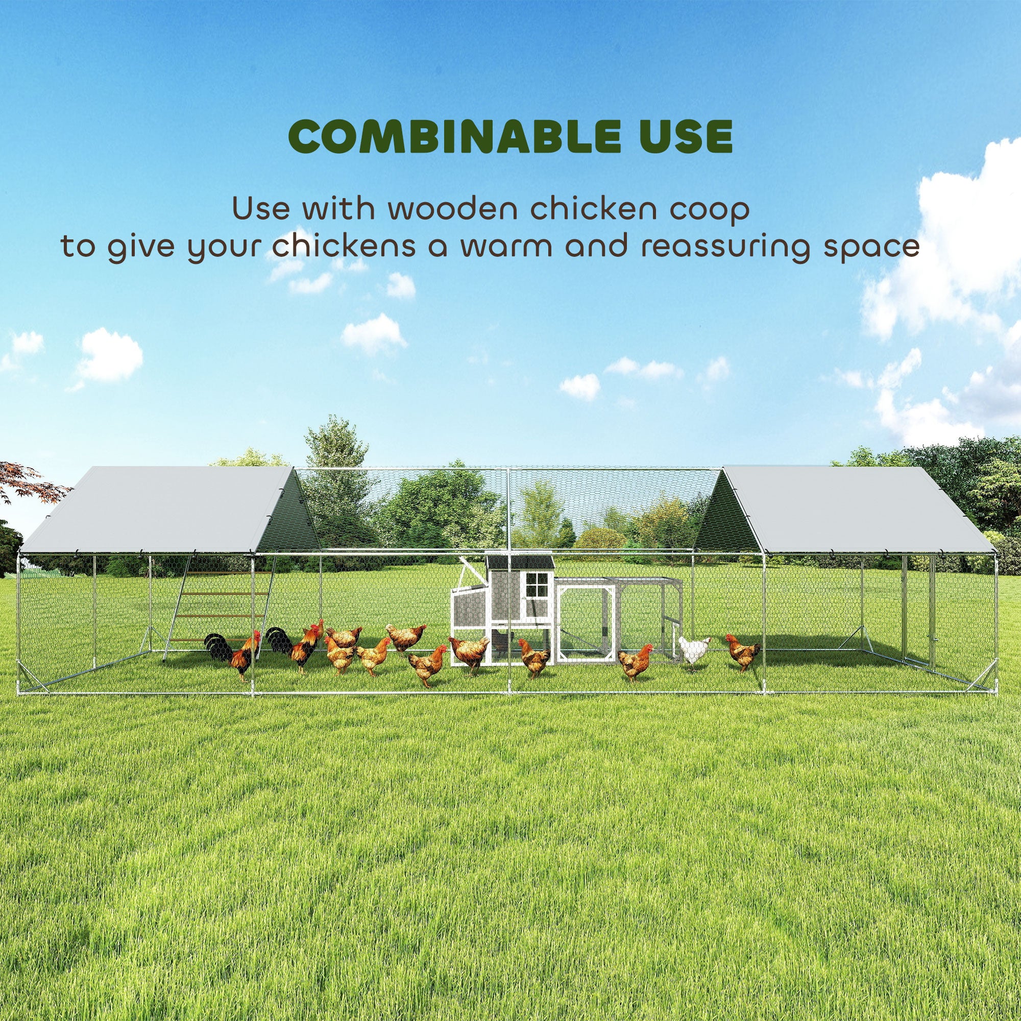 Metal Chicken Coop, 26' x 10' x 6.4' Large Chicken Run Hen House with Feeding Door, Waterproof Cover, Hanging Feeder, Perch, Poultry Cage for Outdoor, Backyard, Farm for 24-30 Hens
