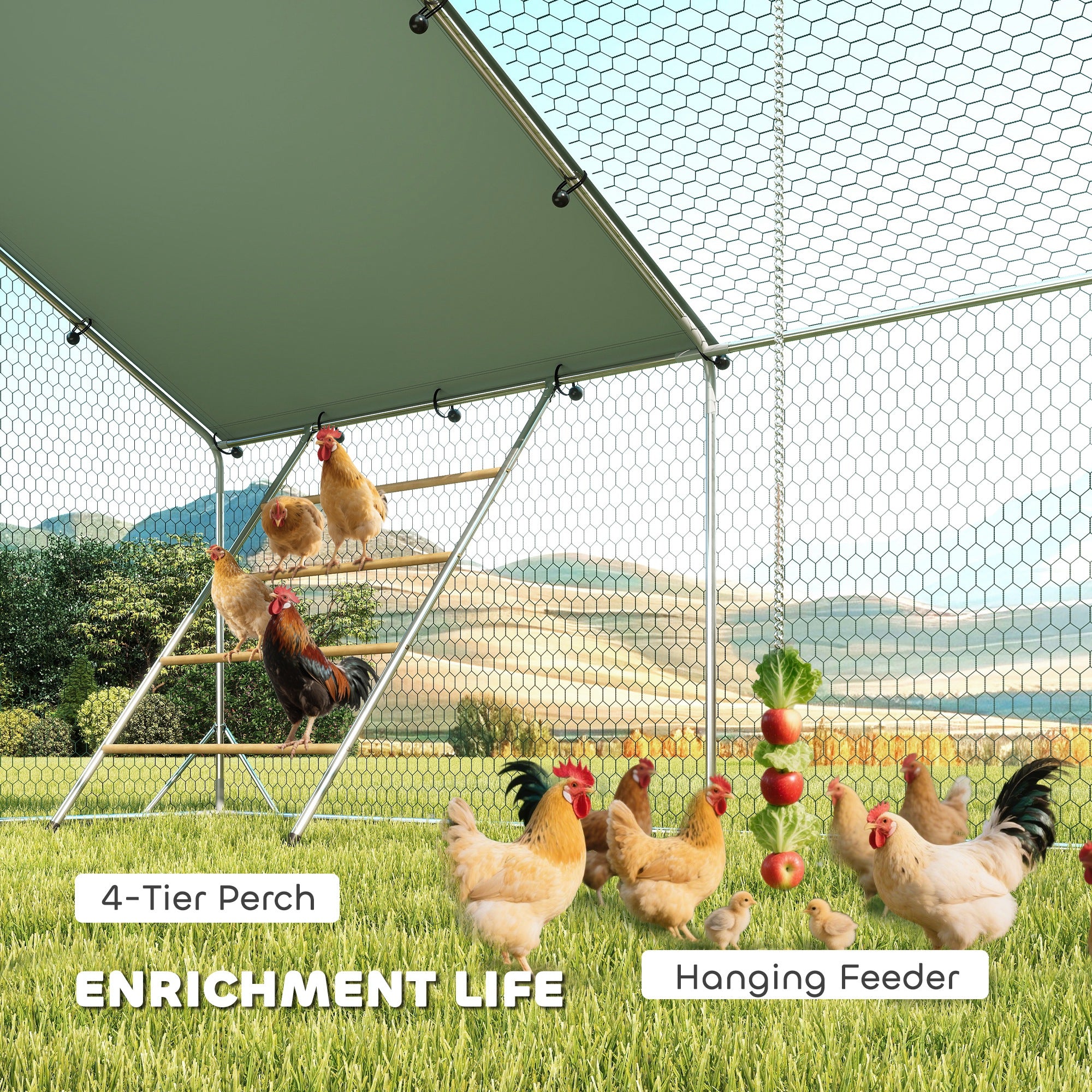 Metal Chicken Coop, 26' x 10' x 6.4' Large Chicken Run Hen House with Feeding Door, Waterproof Cover, Hanging Feeder, Perch, Poultry Cage for Outdoor, Backyard, Farm for 24-30 Hens