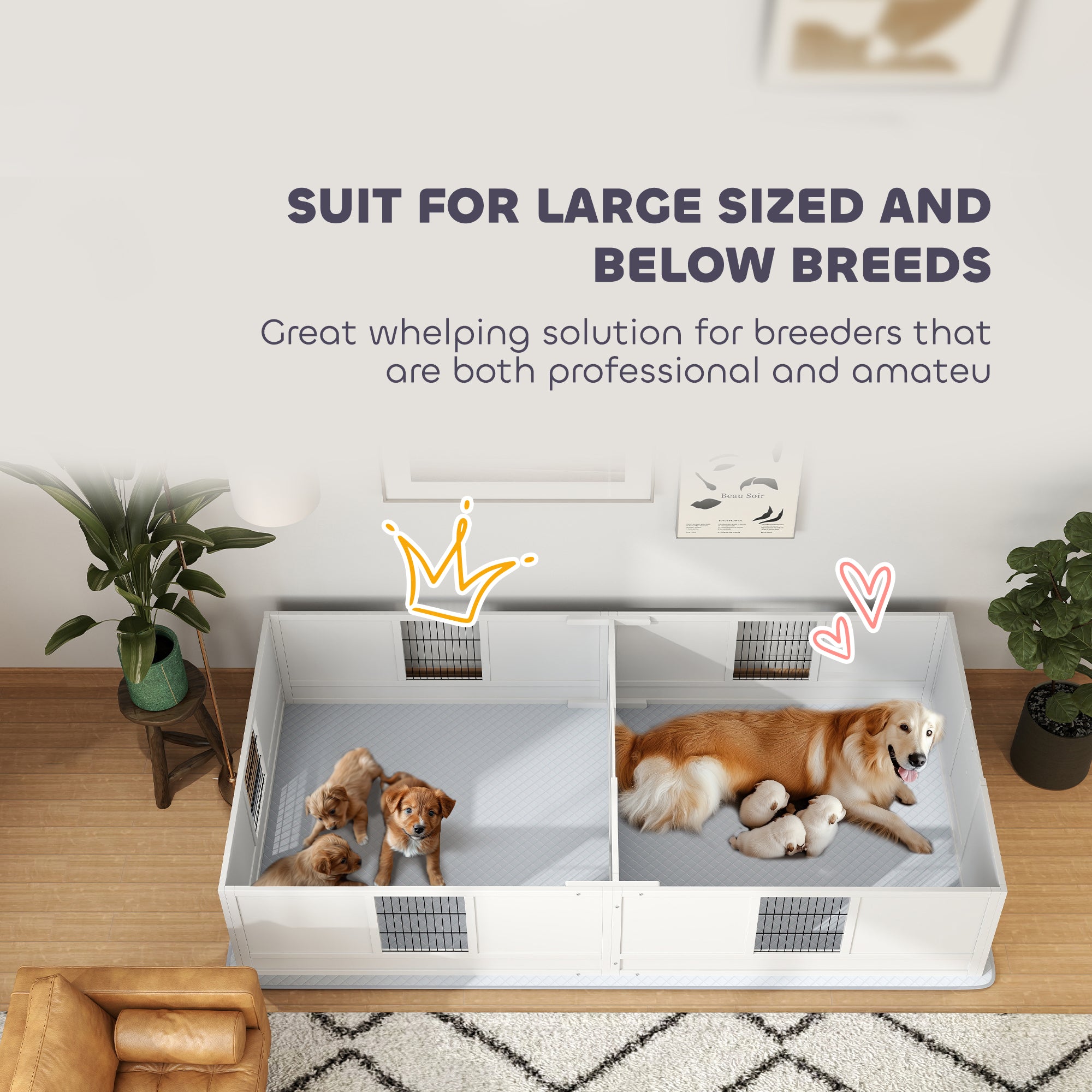 PawHut Whelping Box for Dogs and Puppies, Dog Whelping Box with Waterproof Pee Pad, Adjustable Height Door, for Large Dogs Indoor Use, 96" x 47" x 19"
