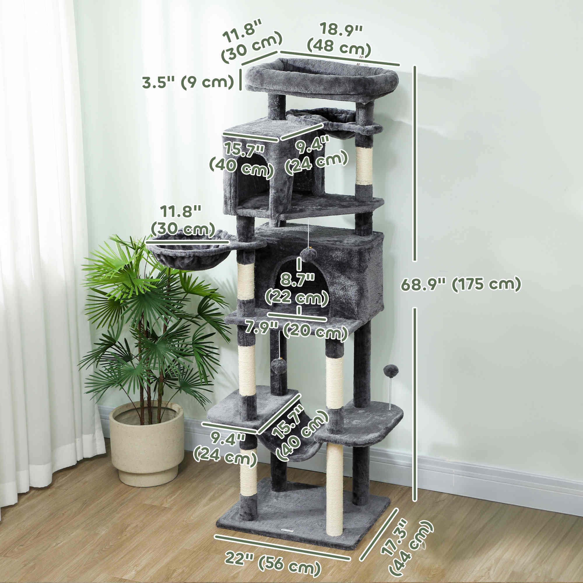 Cat Tree, 69" Cat Tower for Indoor Kittens, Multi-Level Tower with 2 Condos, Scratching Posts, 2 Hammocks, Perches, Pompoms for Multiple Kitties, Dark Grey