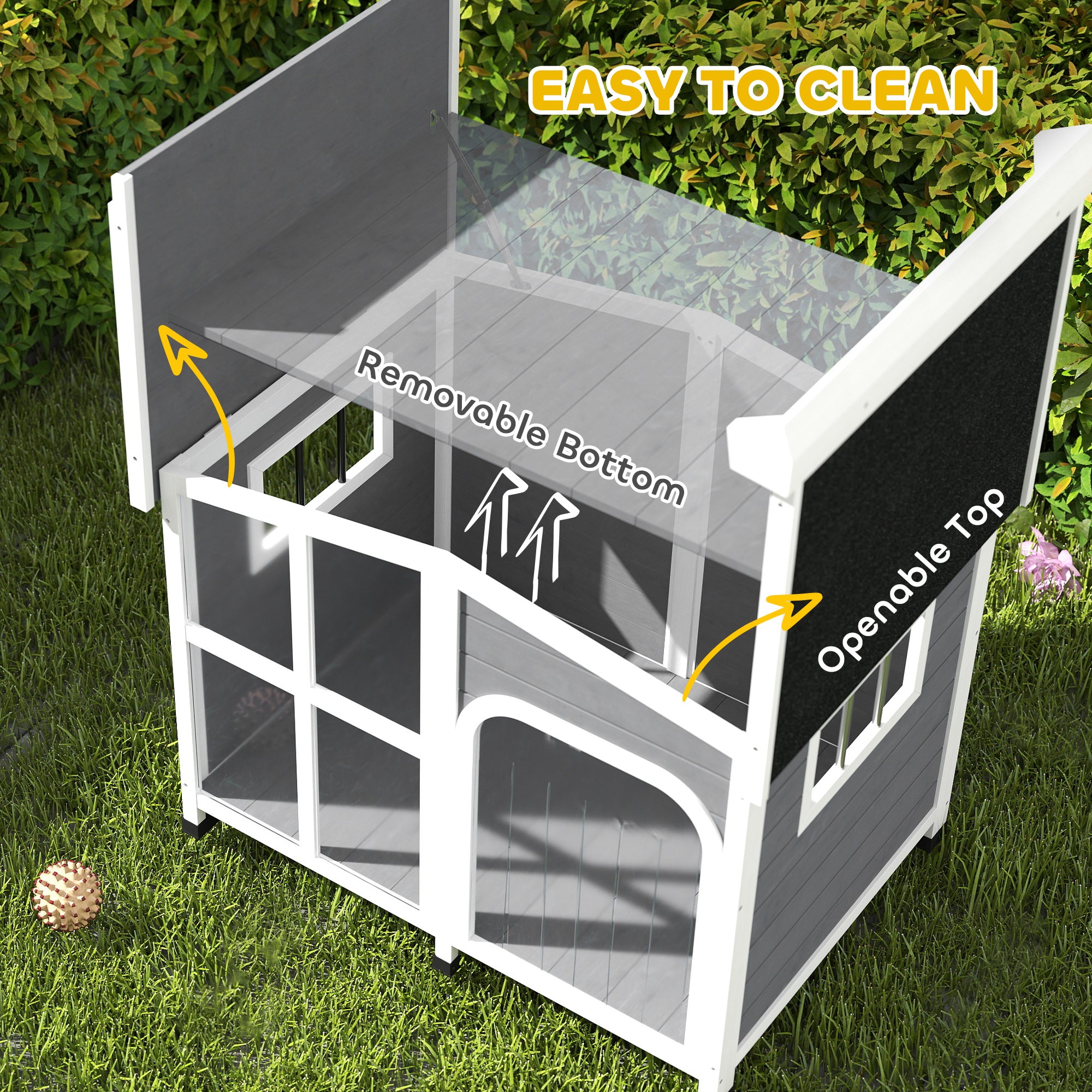 Wooden Dog Kennel, Elevated Dog House with Removable Floor, Asphalt and Openable Roof, Giant Window, Outdoor Pet House Shelter for Large Dogs, Charcoal Grey