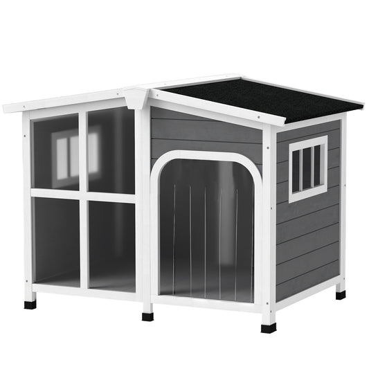 Wooden Dog House Outdoor with Removable Bottom, Cabin Style Raised Pet Kennel, with Openable Asphalt Roof, Door Curtain, Side Windows for Large Sized Dog, Dark Grey