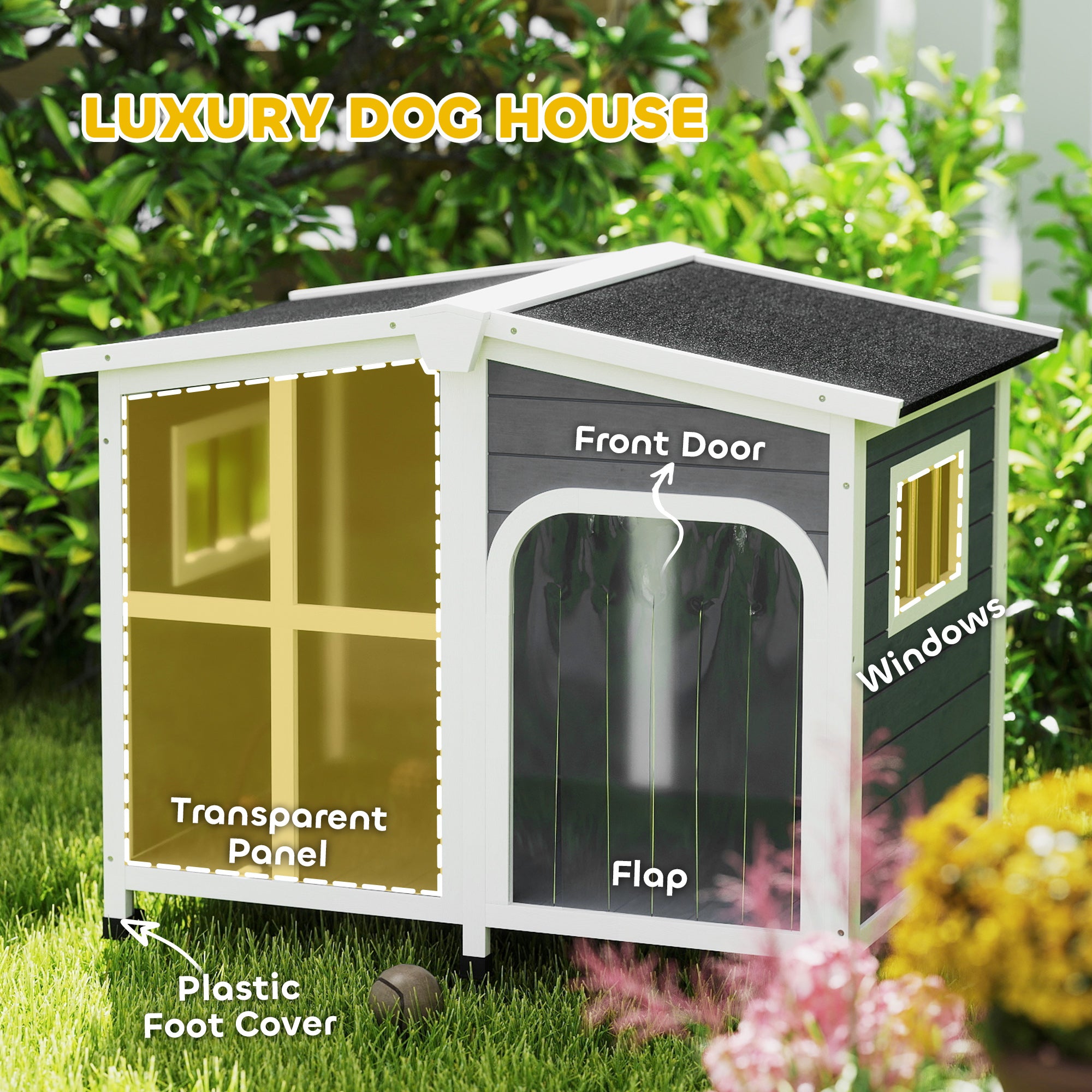 Wooden Dog Kennel, Elevated Dog House with Removable Floor, Asphalt and Openable Roof, Giant Window, Outdoor Pet House Shelter for Large Dogs, Charcoal Grey
