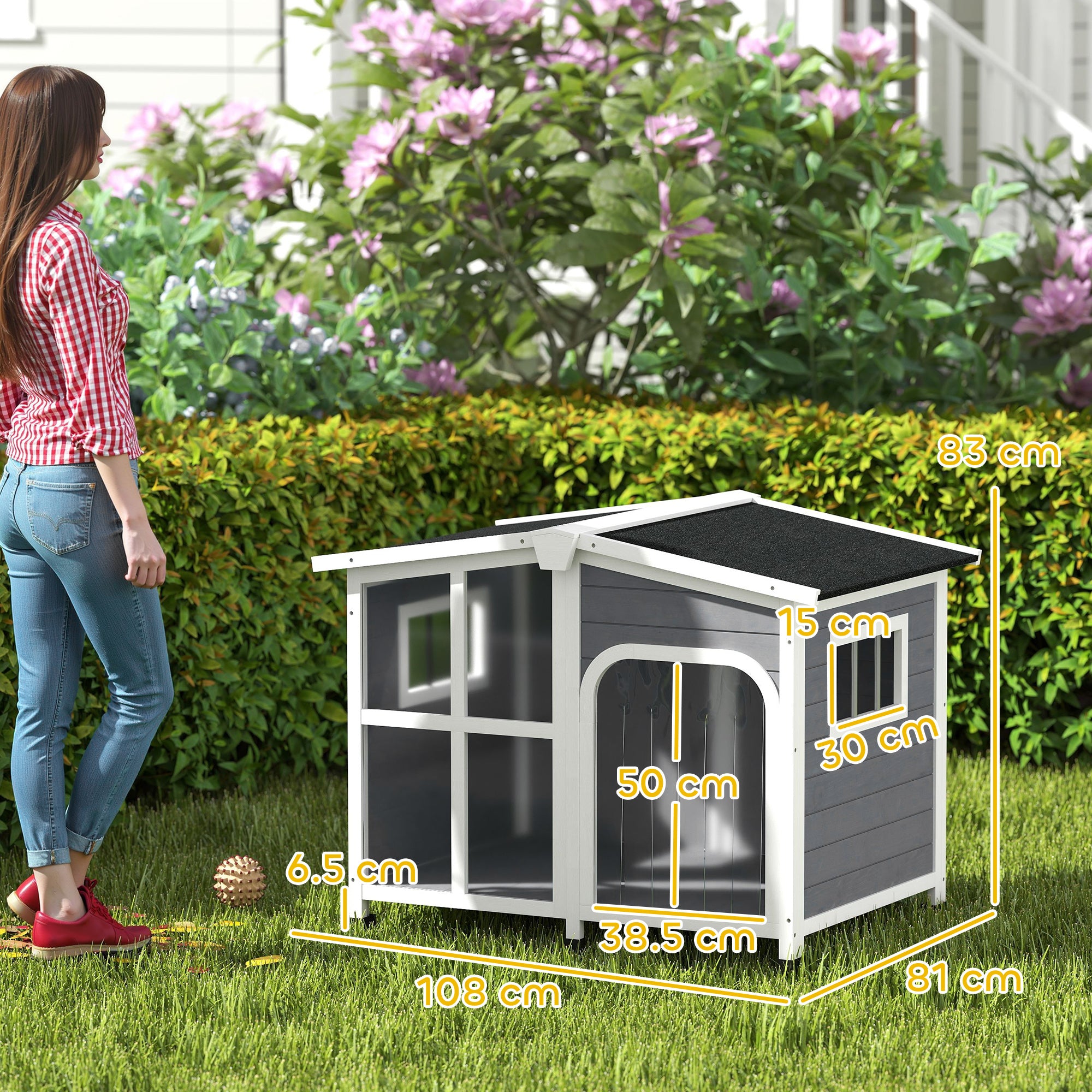 Wooden Dog Kennel, Elevated Dog House with Removable Floor, Asphalt and Openable Roof, Giant Window, Outdoor Pet House Shelter for Large Dogs, Charcoal Grey