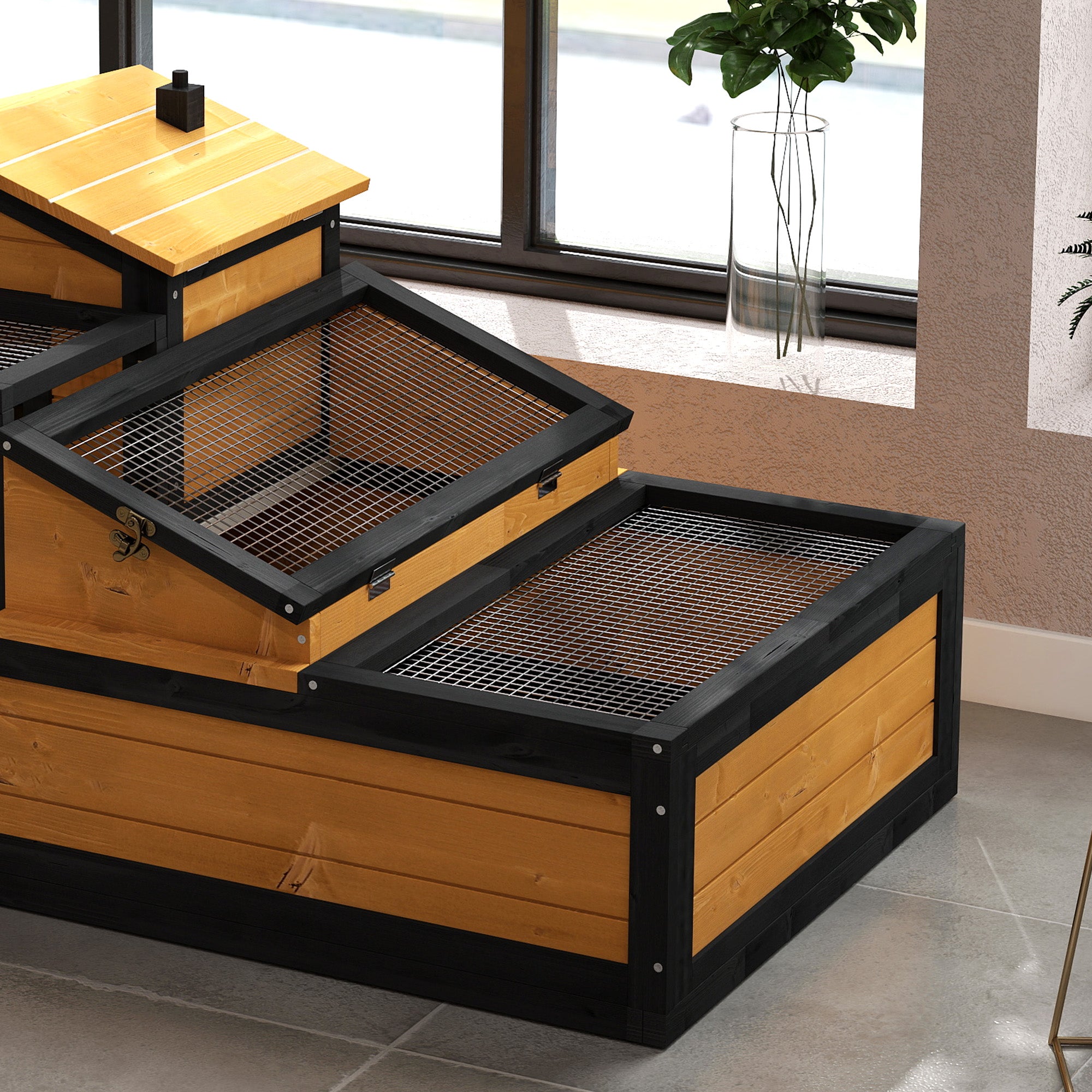 Tortoise House 3-Room Wooden Tortoise Enclosure Large Reptile Cage with 2 Stories, Ladder, Balcony, Tray, Openable Roof, 60H x 112L x 65Wcm, Yellow