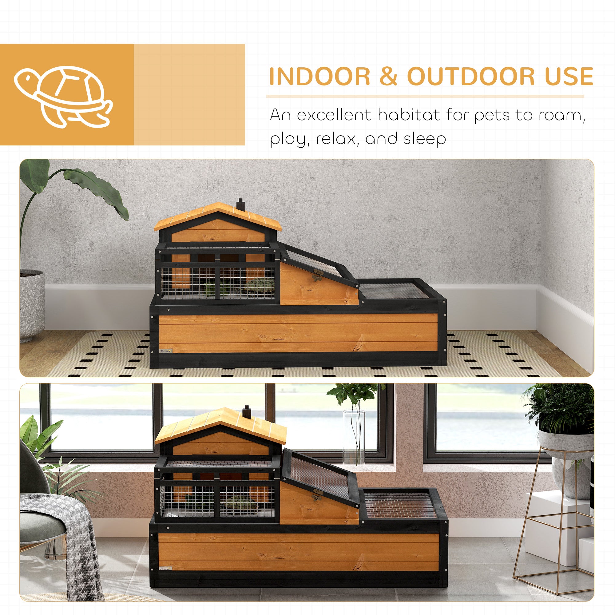 Tortoise House 3-Room Wooden Tortoise Enclosure Large Reptile Cage with 2 Stories, Ladder, Balcony, Tray, Openable Roof, 60H x 112L x 65Wcm, Yellow