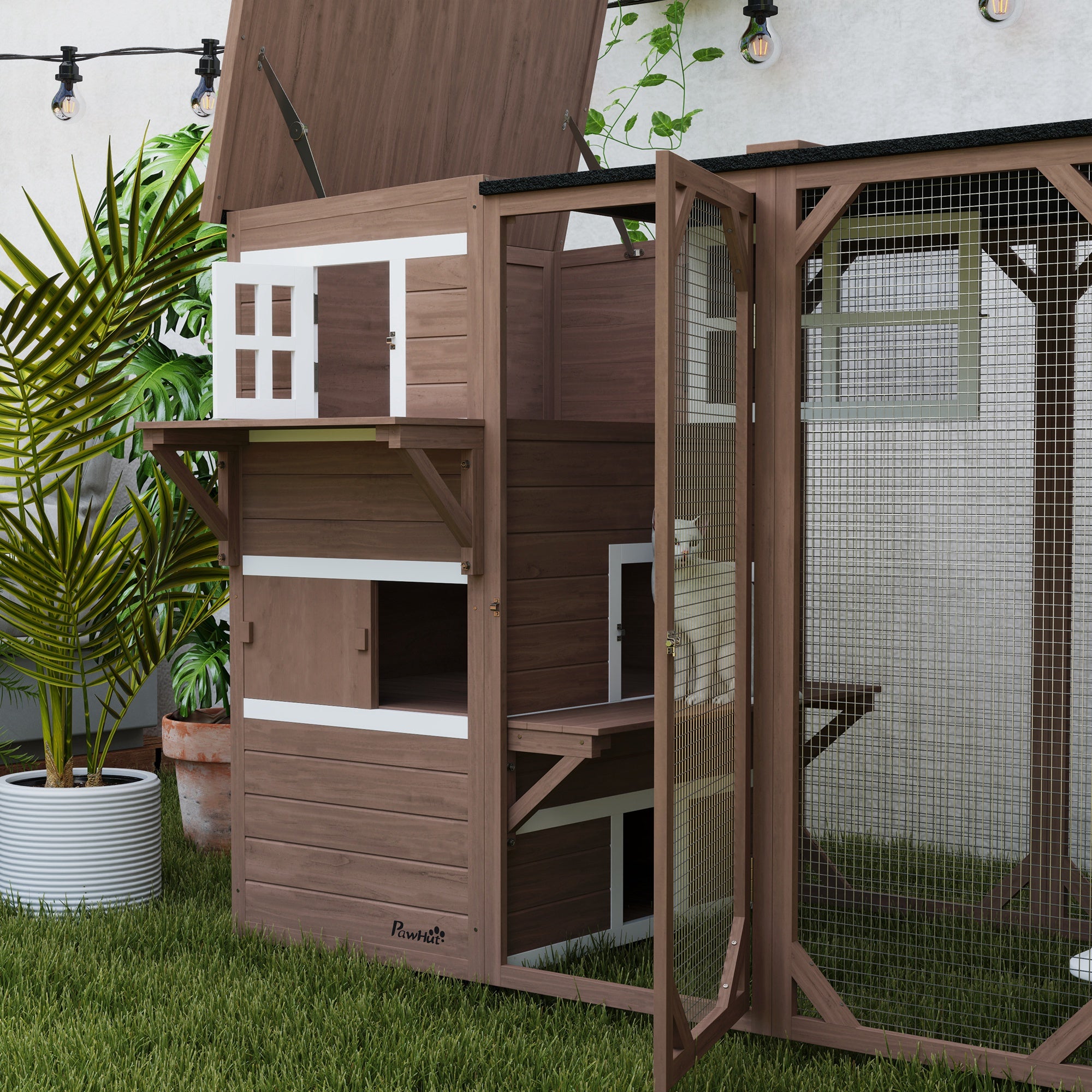 Wooden Cat Catio, 76"L Walk in Outdoor Cat House with Asphalt Roof, Platforms, Lockable Doors, 3-tier Resting Condo, Observation Window, for 2-3 Cats, Brown